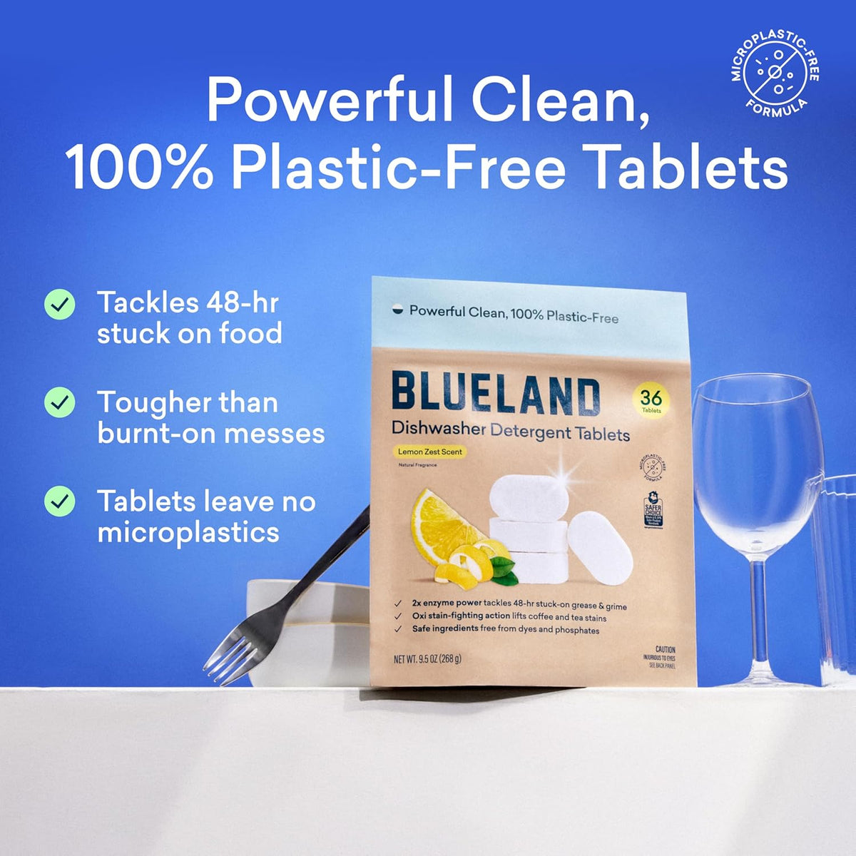 BLUELAND 100% Plastic-Free Dishwasher Detergent Tablets, Starter Set, 60 Count with tin, Lemon