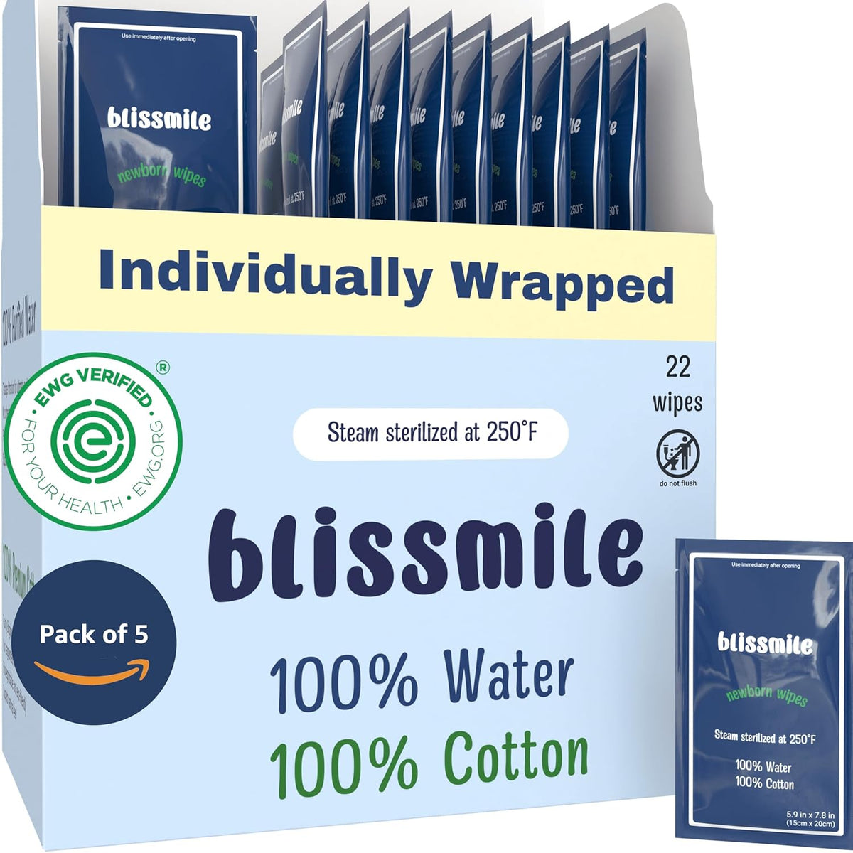 Mini Travel Wipes - 100% Water - Individually Wrapped - For Hand, Face & Body - Unscented Wet Wipes