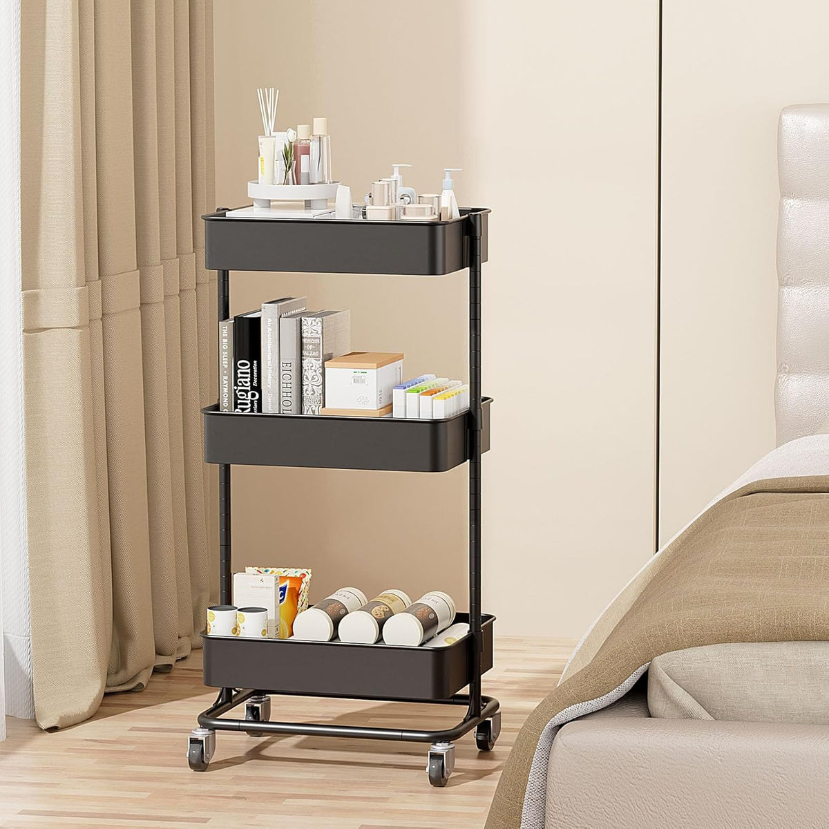 3 Tier Modern Metal Rolling Tool Cart with Silent Casters, 17.72×12.40×35.04 inch Heavy Duty