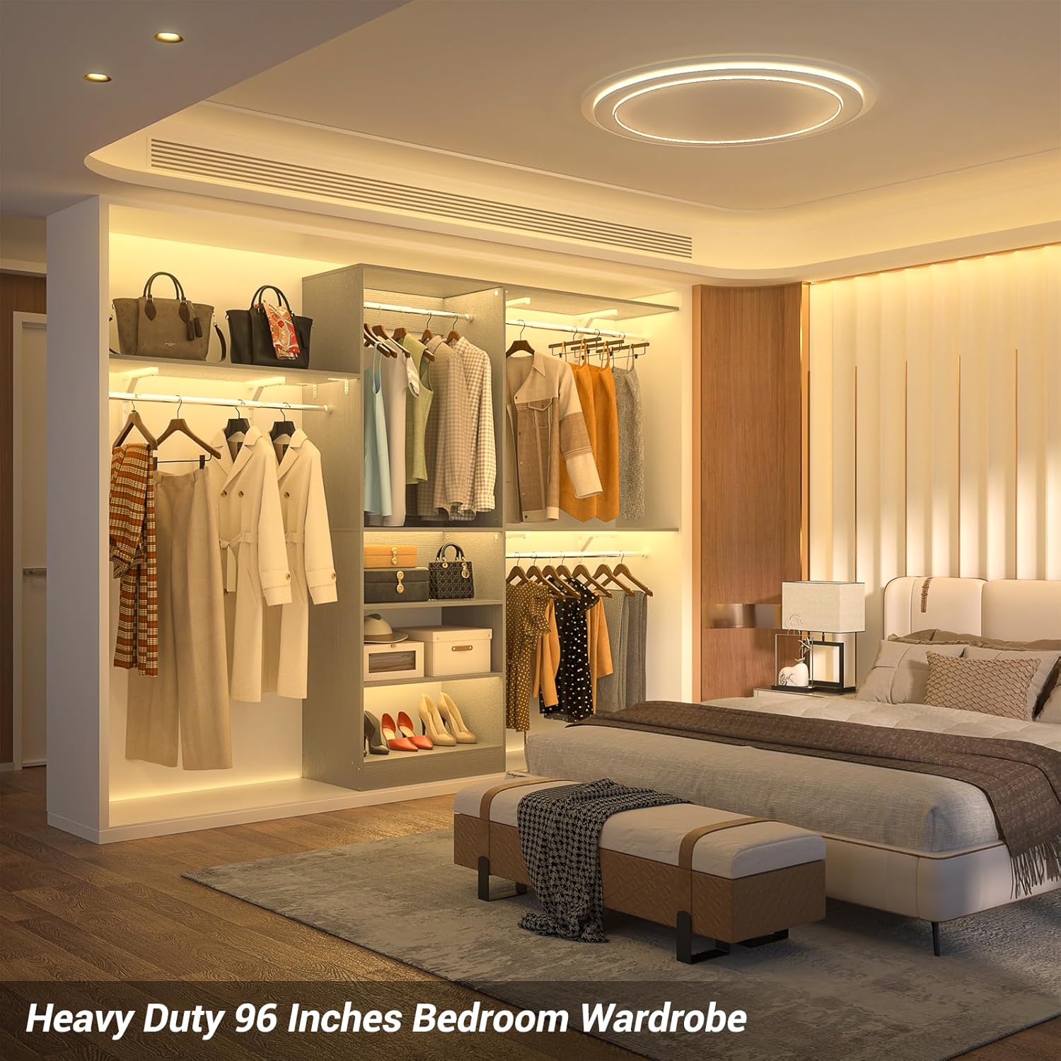 8FT Closet System with Shelves, 96'' Closet Organizer System with 3 Hanging Rods, Wall Mount