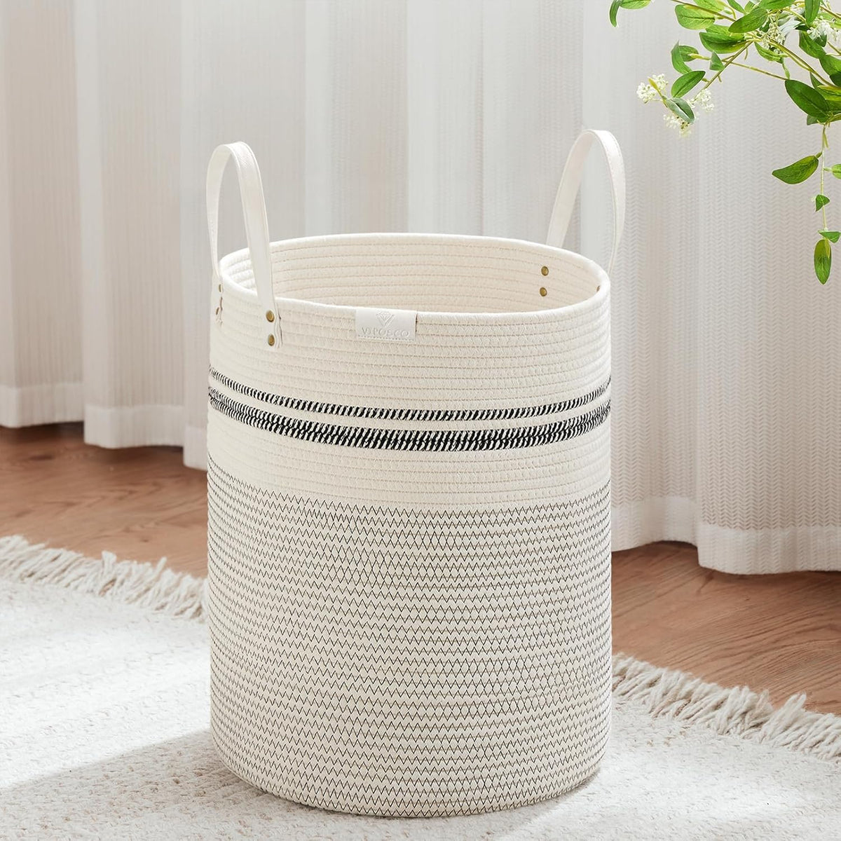 VIPOSCO Tall Laundry Basket, Large Dirty Clothes Hamper with Leather Handle, Woven Rope Storage