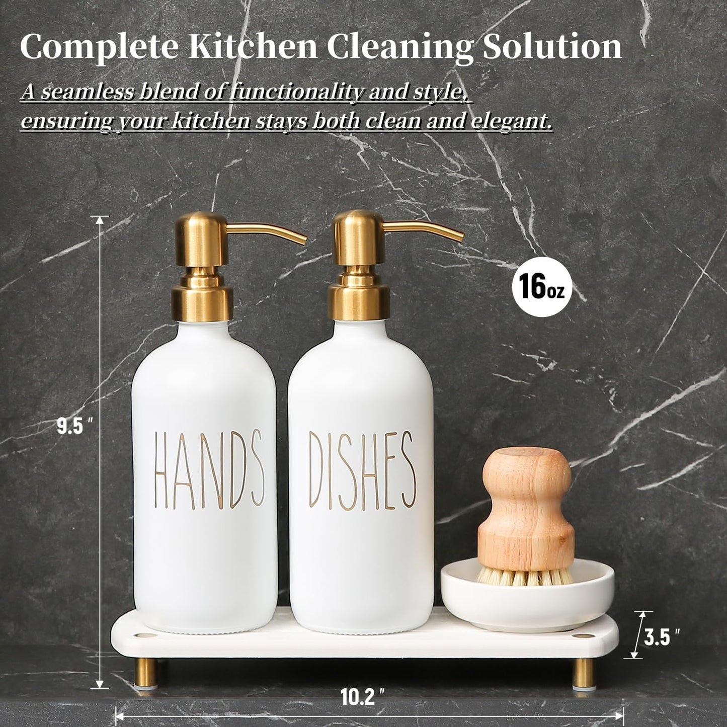 MOMEEMO Gold Soap Dispenser Set Comes with Stainless Steel Pumps, Instant Dry Tray, and Dish Scrub