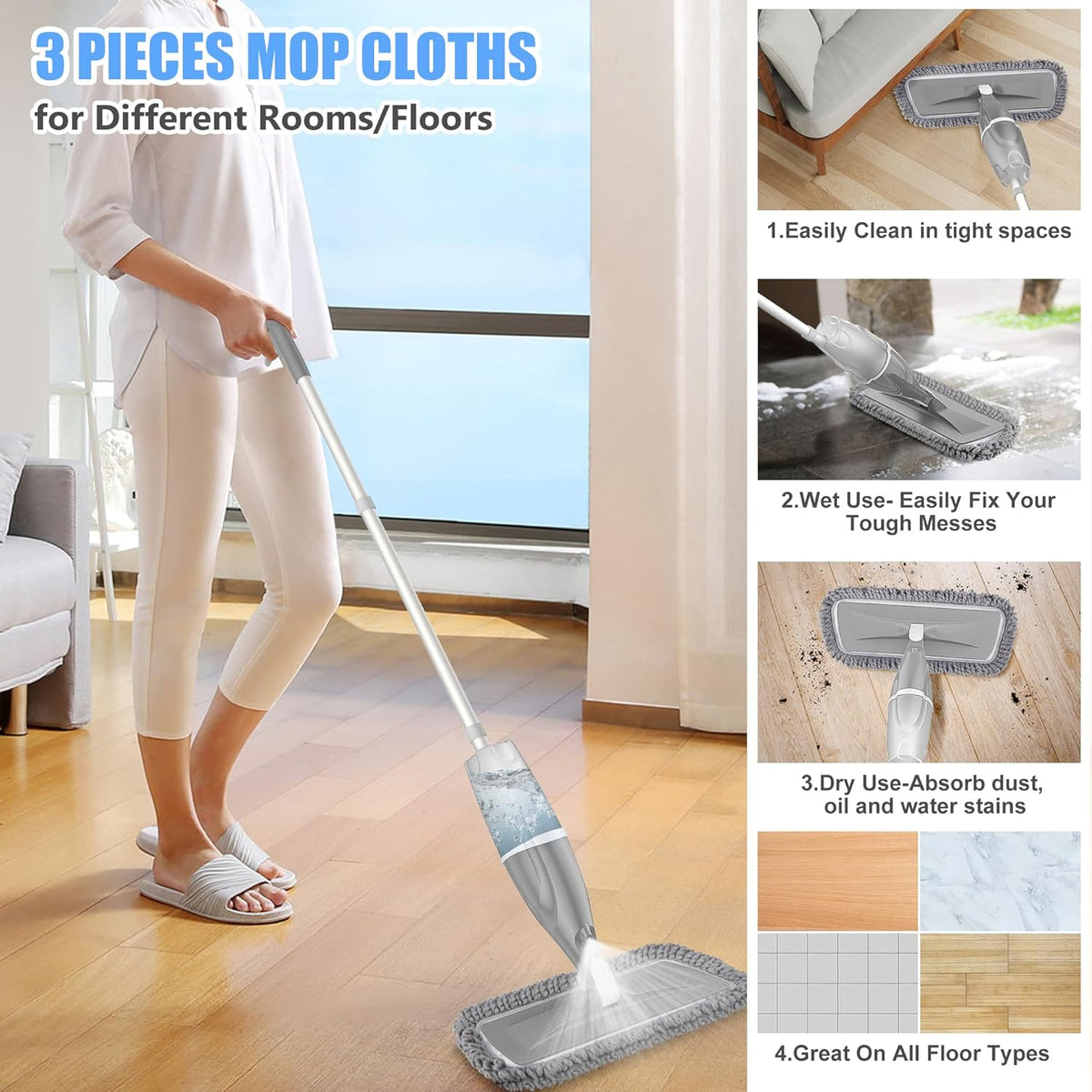 Microfiber Spray Mops for Floors Cleaning: EXEGO Dust Mop Wet Mop with 3 Washable Resuable Pads