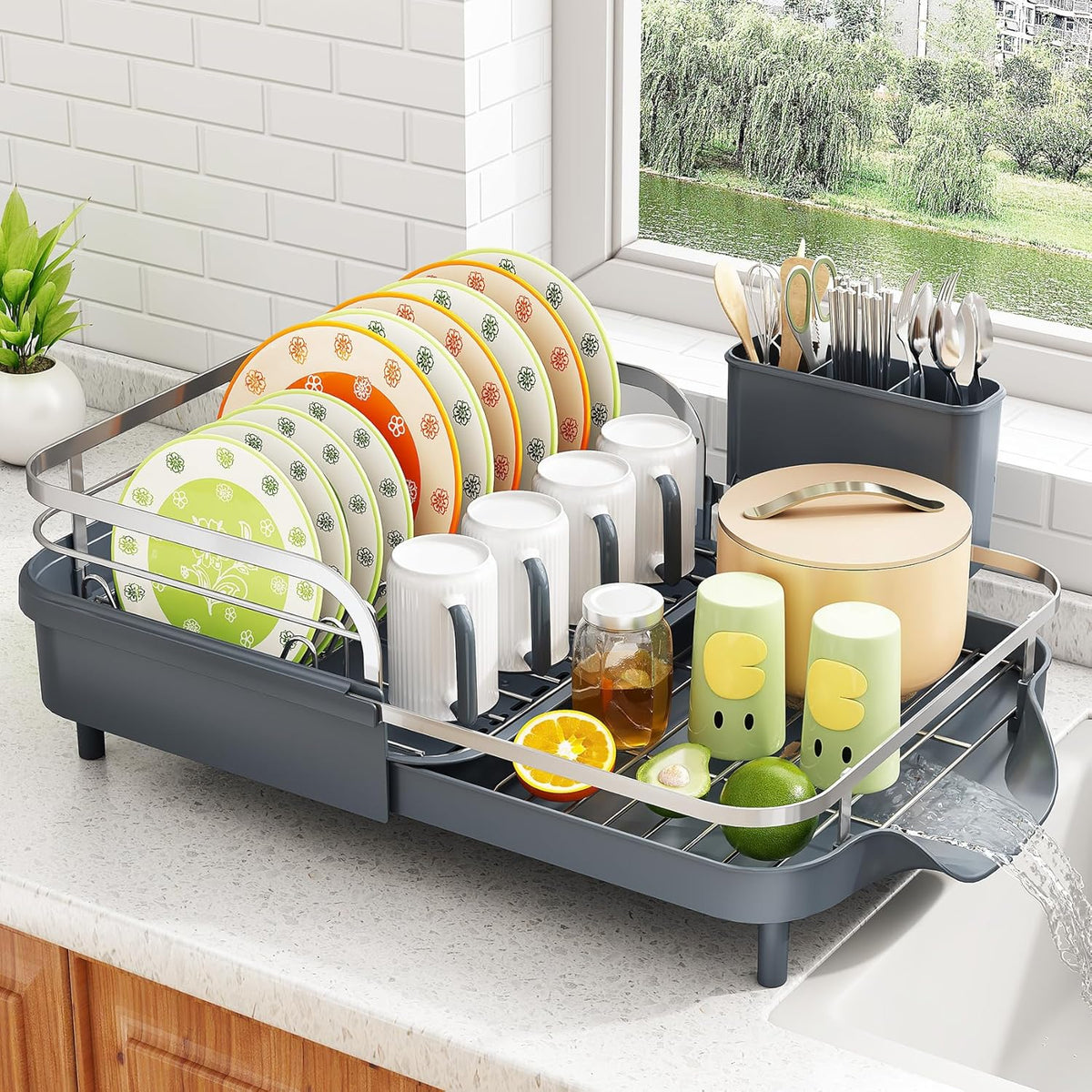 SAYZH Dish Drying Rack - Expandable Dish Rack for Kitchen Counter, Rust-Resistant Dish Drainer with