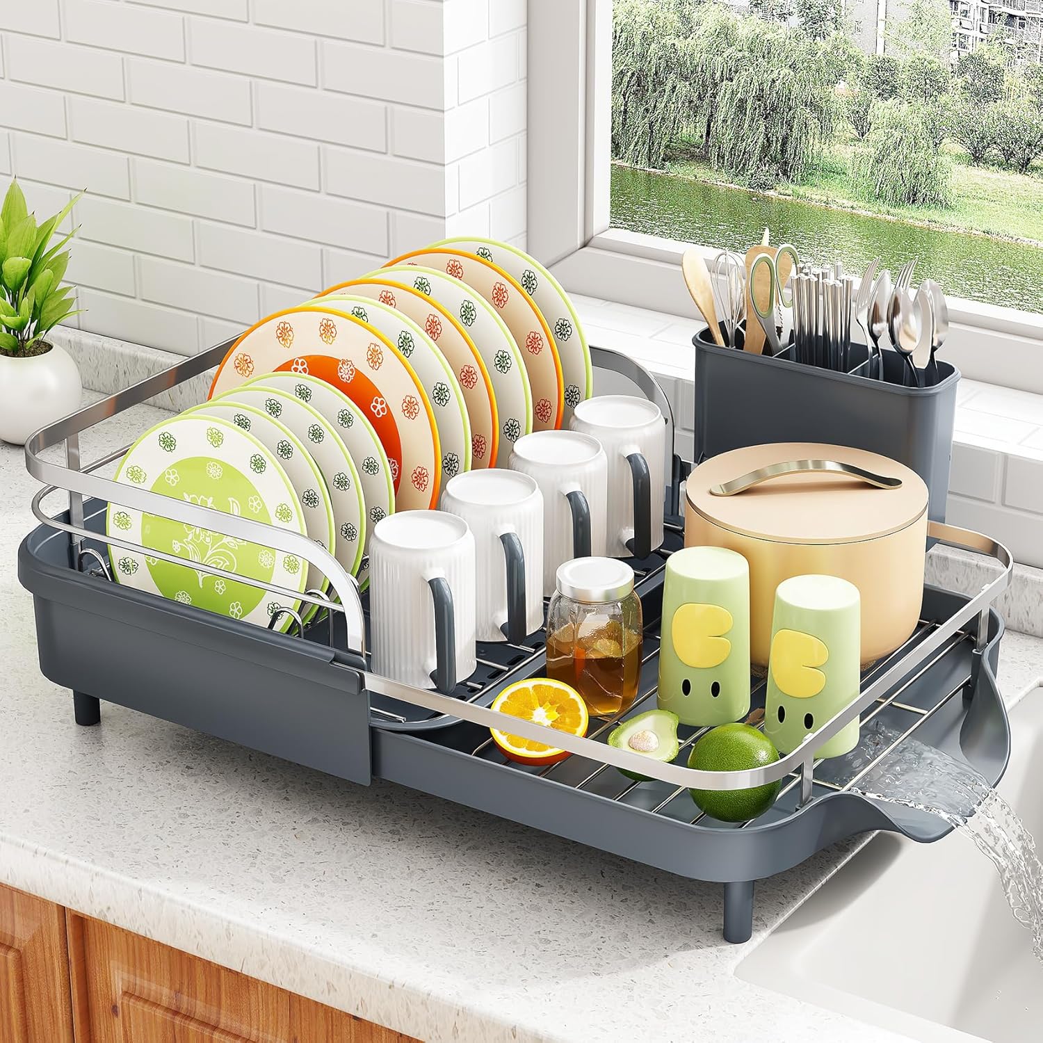 SAYZH Dish Drying Rack - Expandable Dish Rack for Kitchen Counter, Rust-Resistant Dish Drainer with
