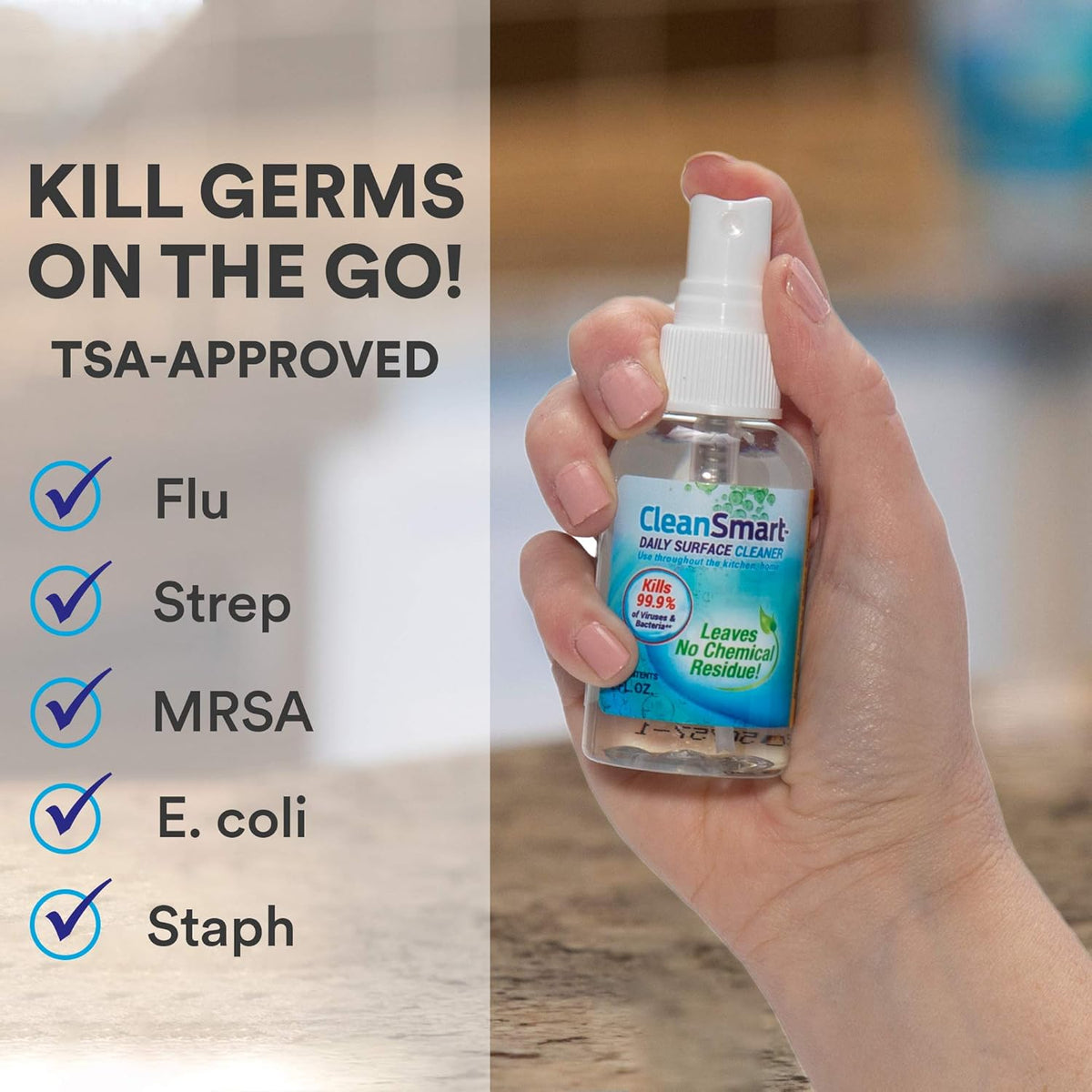 CleanSmart To Go Disinfectant Kills 99.9% of Viruses, TSA-Approved for Safe Travel, 2 oz Bottle