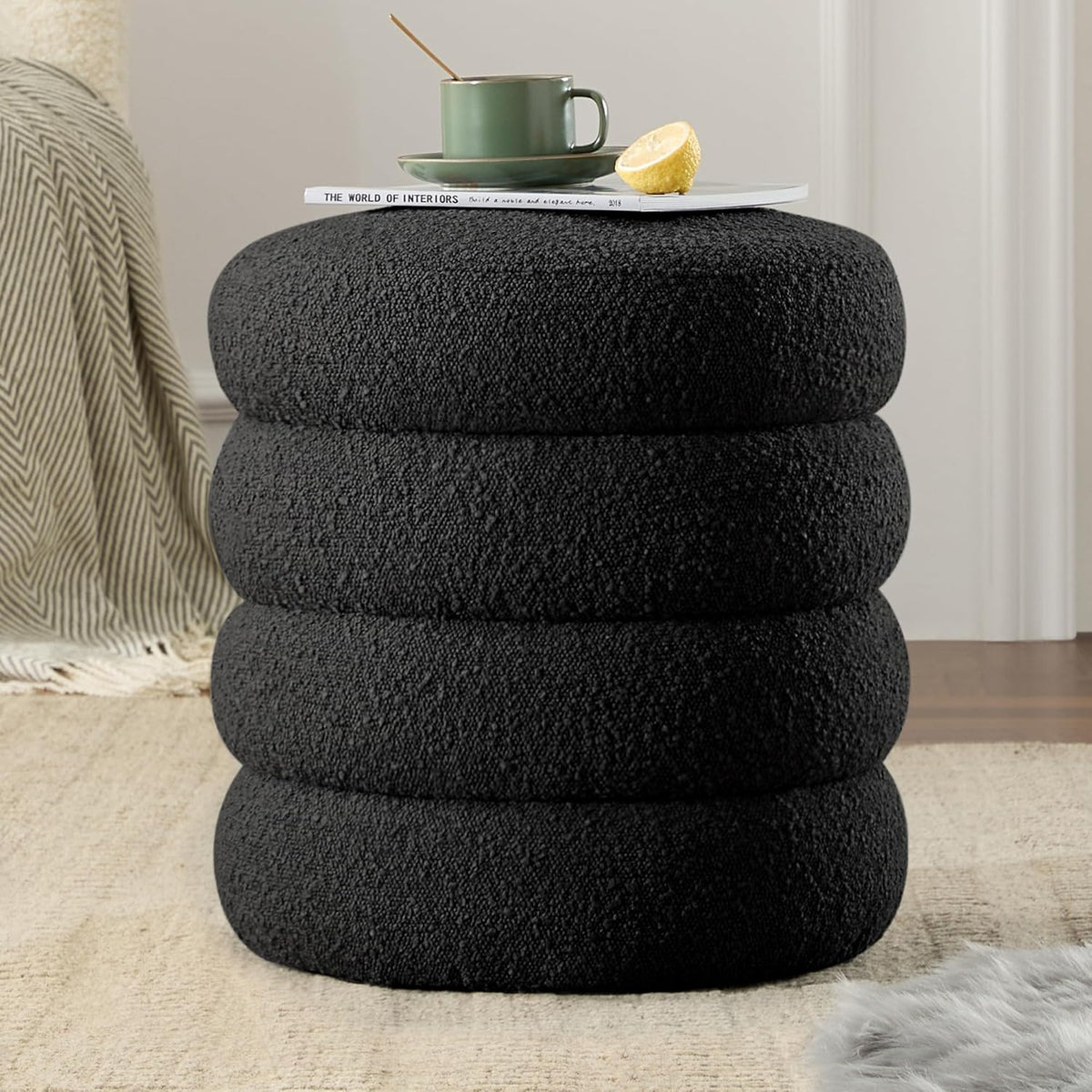 Round Ottoman with Storage Boucle Ottoman Stool with Storage Removable Lid for Living Room Modern
