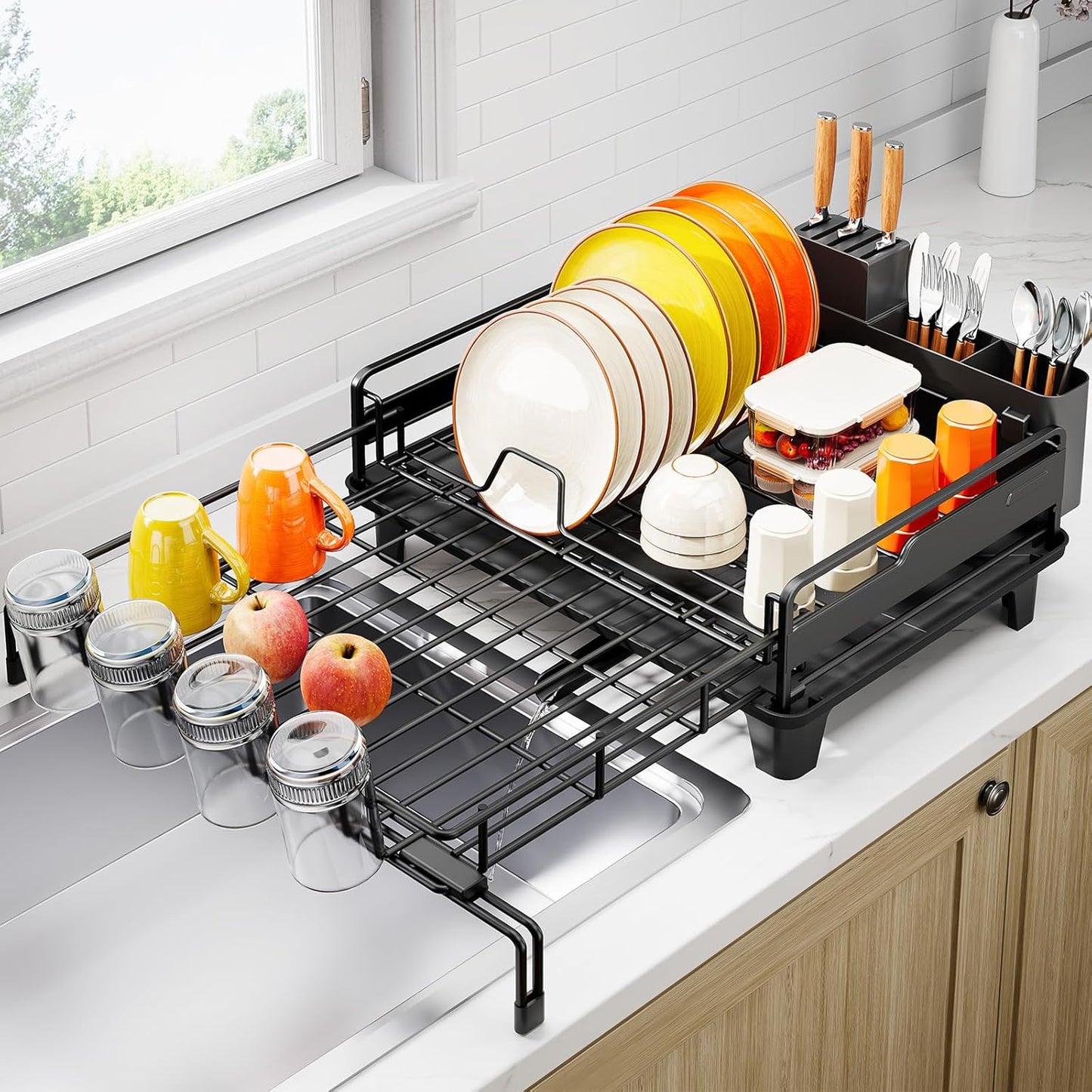 Dish Drying Rack - Extendable Dish Drainer, Large Dish Rack for Kitchen Counter, Rustproof Dish