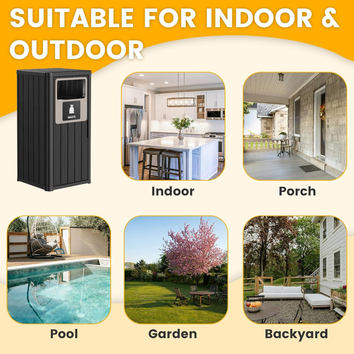 22 Gallon Outdoor Trash Can Waterproof Resin Patio Garbage Can for Outdoor Trash Bin for Patio