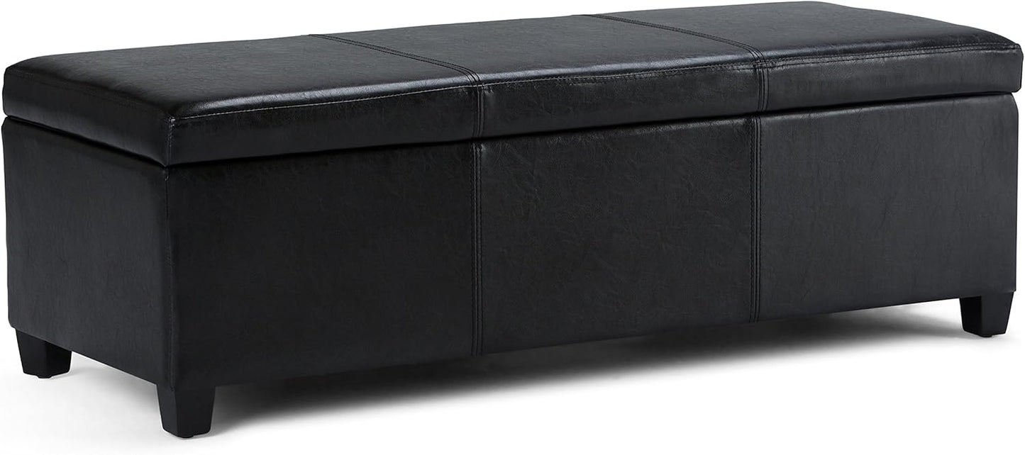 SIMPLIHOME Avalon 48 inch Wide Contemporary Rectangle Storage Ottoman Bench in Midnight Black Vegan