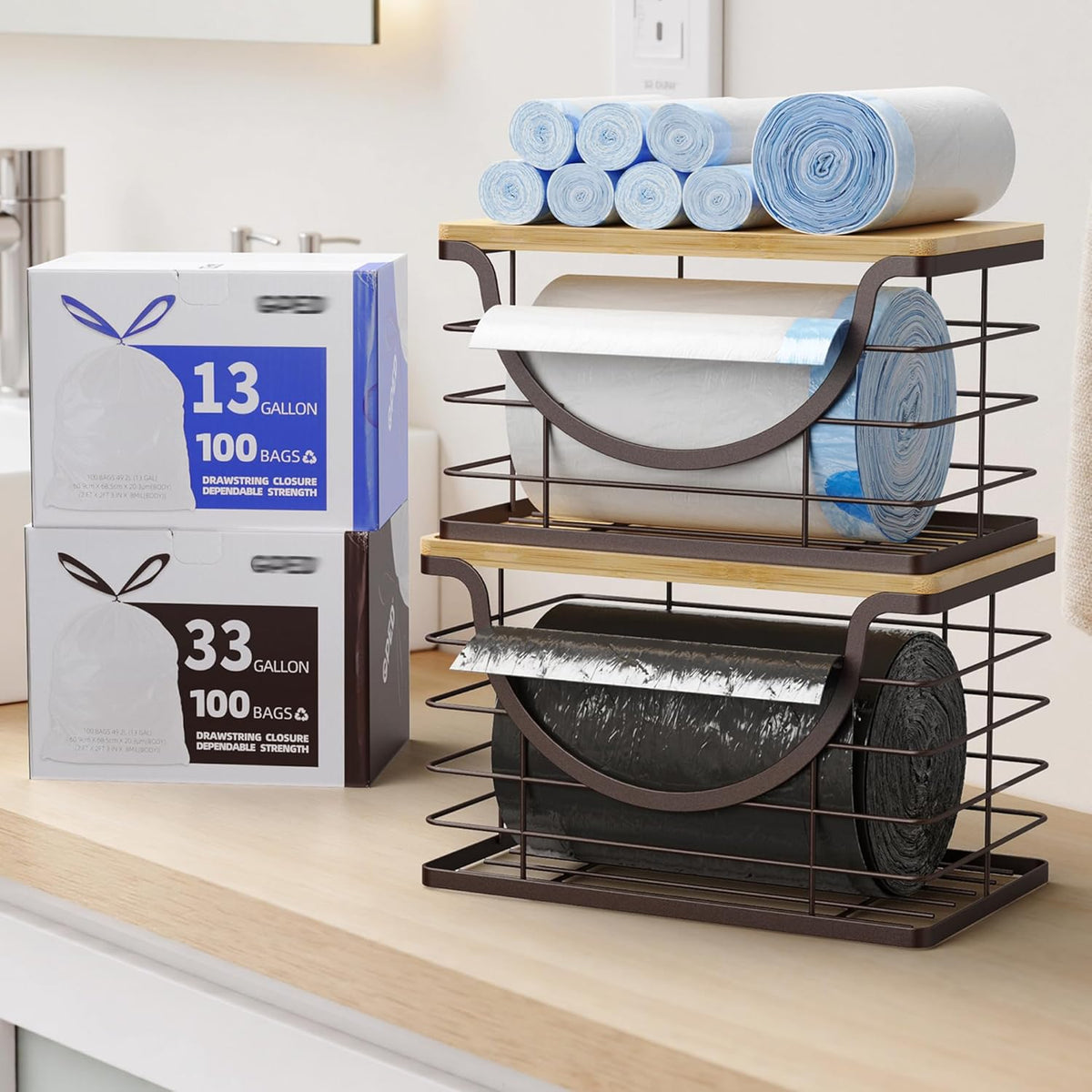 Extra Large Trash Bag Holder Under Sink Stackable Kitchen Storage 2 Pack, Pantry Organizers and