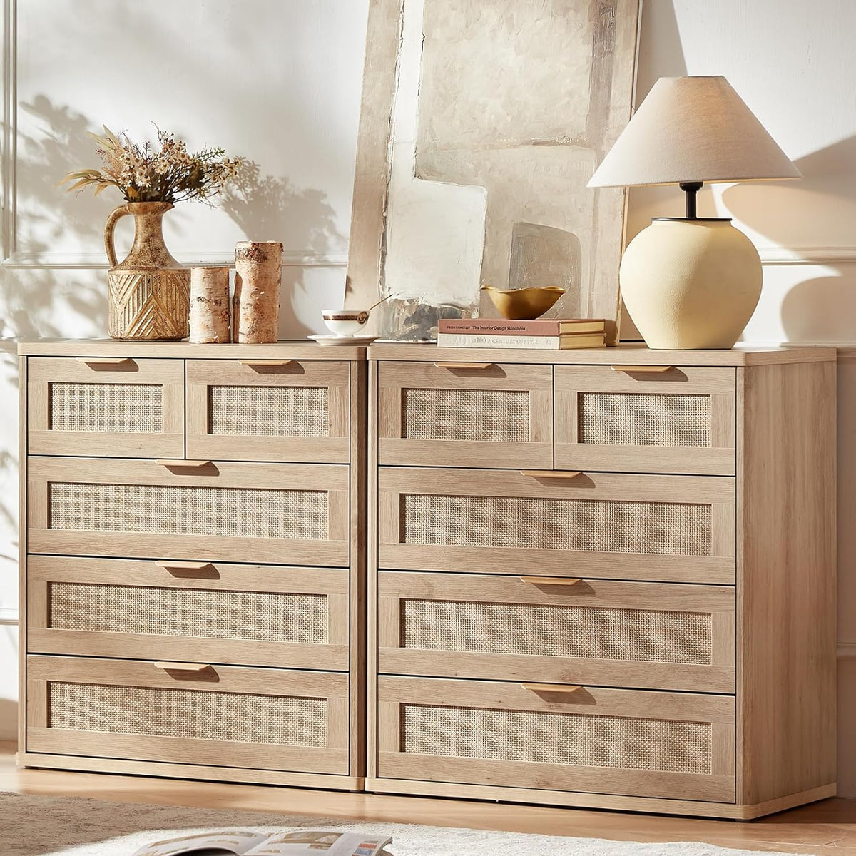LEYAOYAO Rattan Dresser for Bedroom Set of 2, 33.5" Tall Chest of Drawers, Modern 5 Drawers Boho