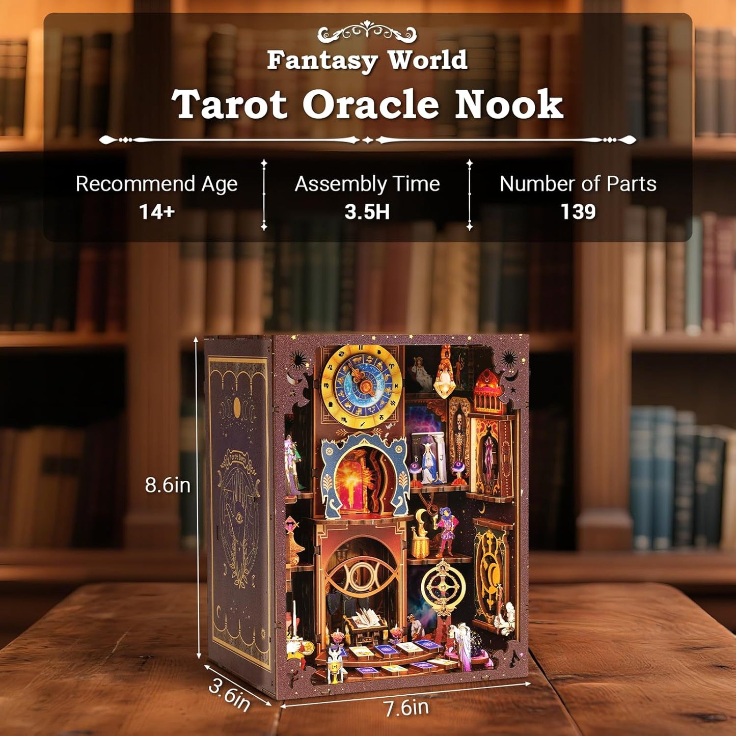 Book Nook Kit - DIY Miniature Dollhouse with LED Lights for Adults & Teens, Fantasy Tarot-Themed 3D