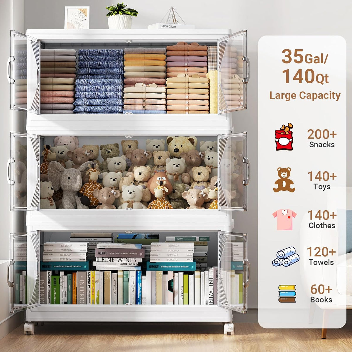 175Gal Plastic Stackable Storage Bins with Lid, 700QT Extra Large Closet Organizers Collapsible