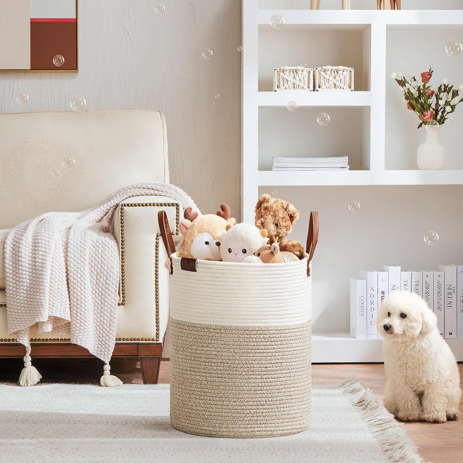 VIPOSCO Tall Laundry Basket, Large Dirty Clothes Hamper with Leather Handle, Woven Rope Storage