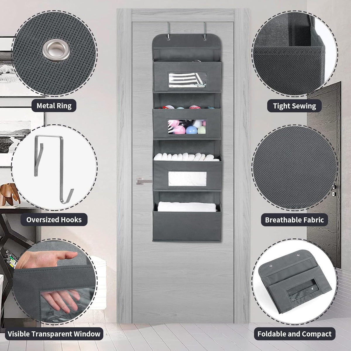 MAX Houser 4-Shelf Over The Door Hanging Organizer with 2 Metal Hooks,4 Pocket Over The Door Wall