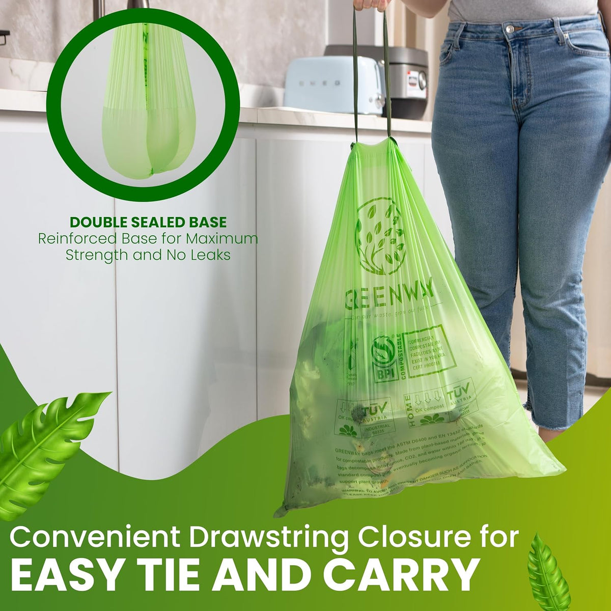GREENWAY 13 Gallon Compostable Trash Bags Drawstring, 50 Bags, Heavy Duty Extra Thick 0.90 Mil