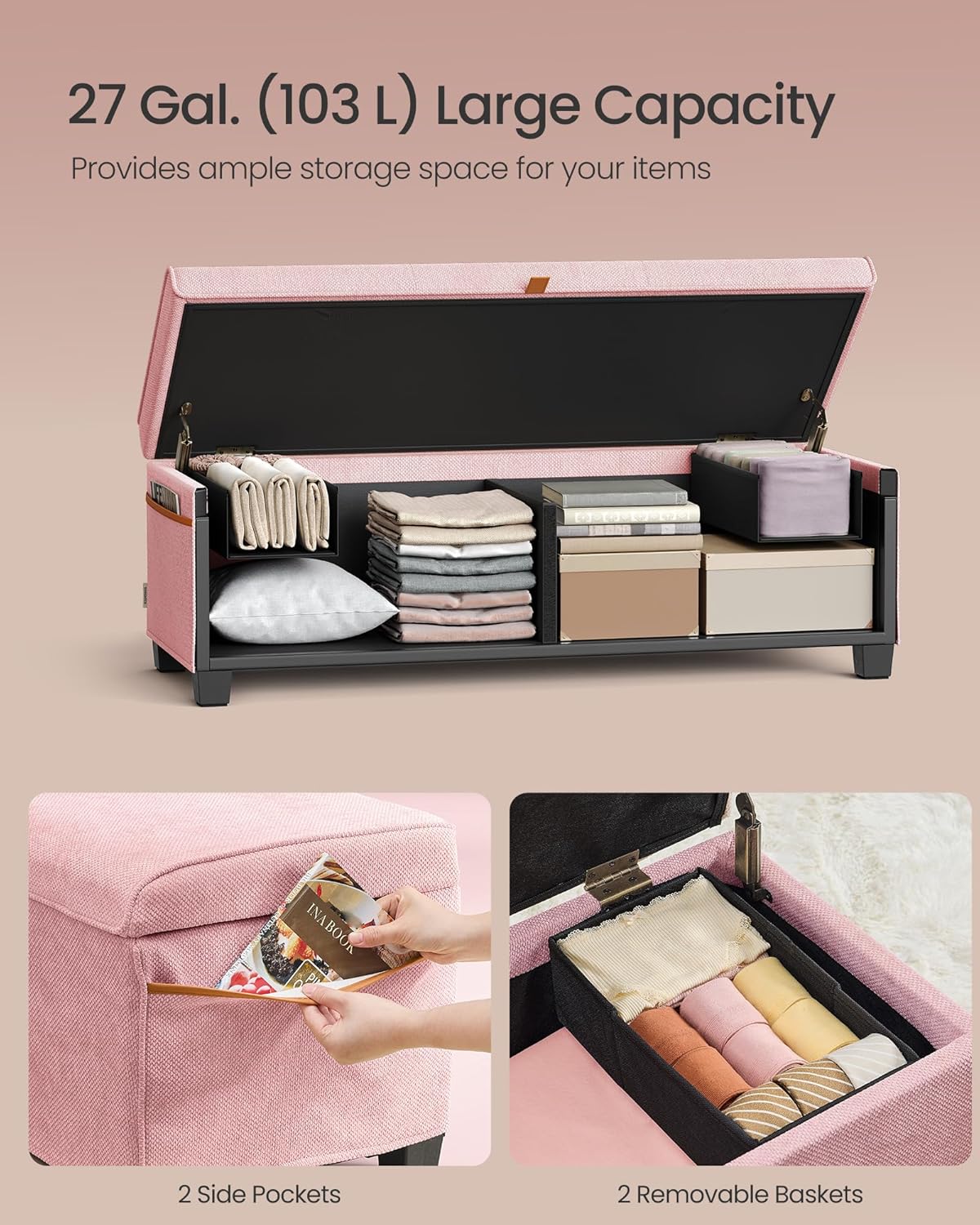 SONGMICS Storage Ottoman Bench, Storage Chest, 15.7 x 43.3 x 15.7 Inches, End of Bed Bench, 27 Gal.