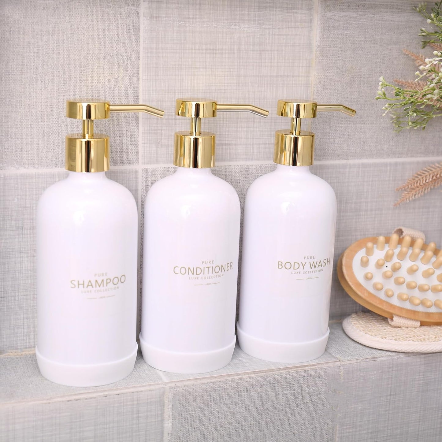 Shampoo and Conditioner Dispenser Set of 3,Refillable 20.5OZ Shampoo Bottles with Non-Slip