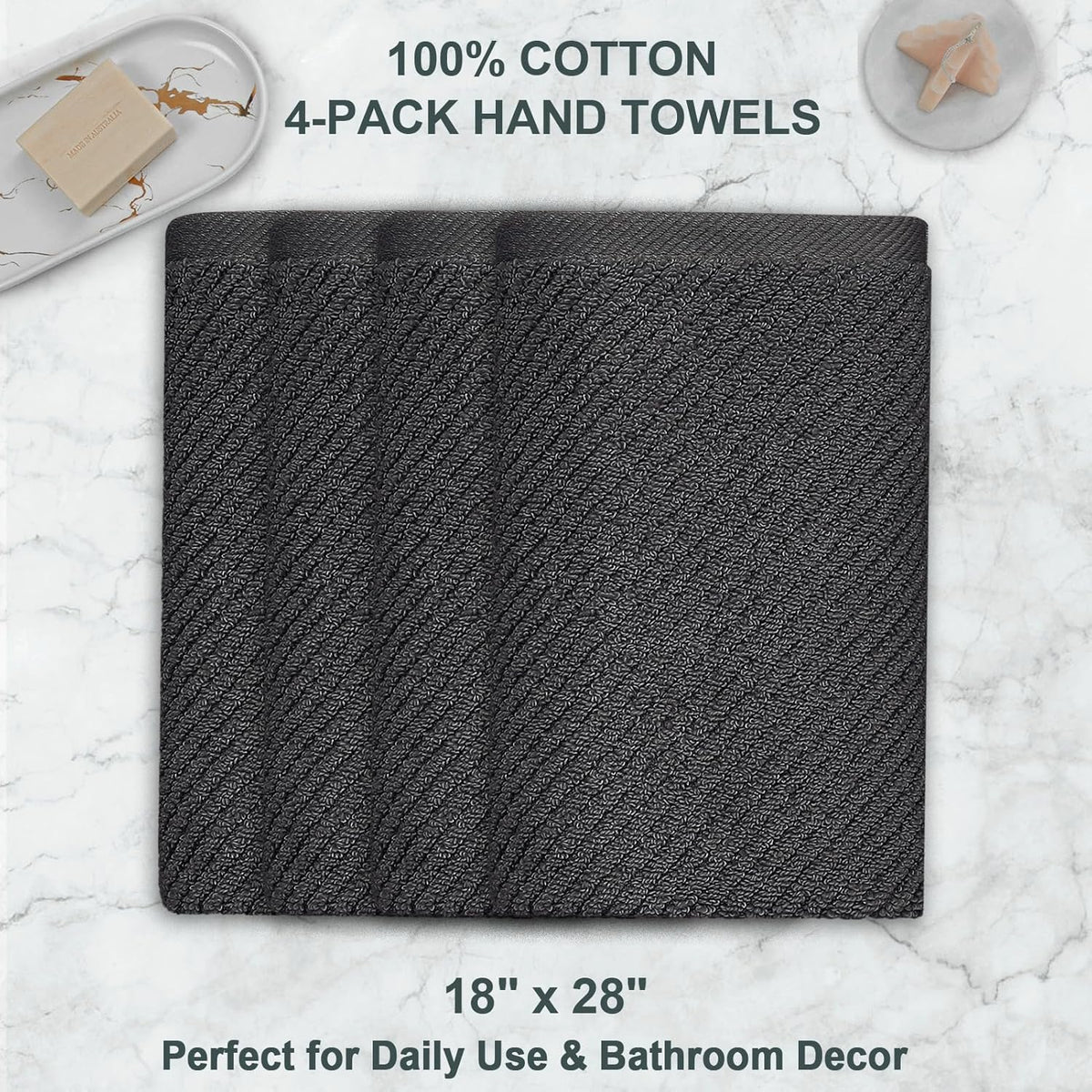 VOOVA & MOVAS Gray Hand Towels for Bathroom, Large 18" x 28" - 100% Cotton | Thick | Quick Dry |