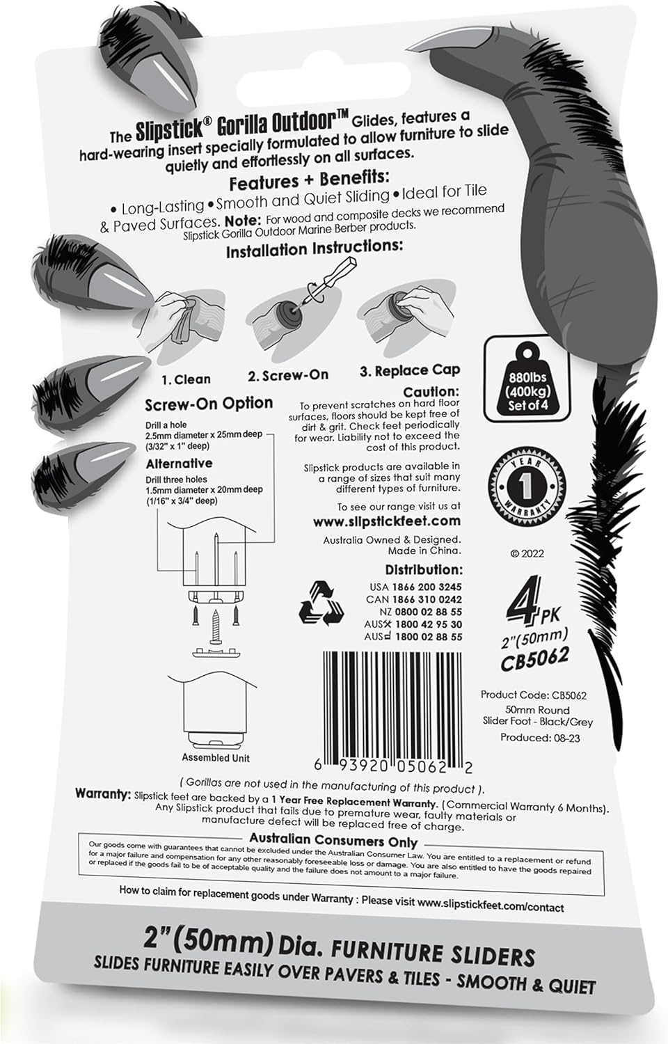 Gorilla Outdoor 2 Inch Furniture Sliders/Screw on Nylon Glide Floor Protectors (Set of 4 Glides)