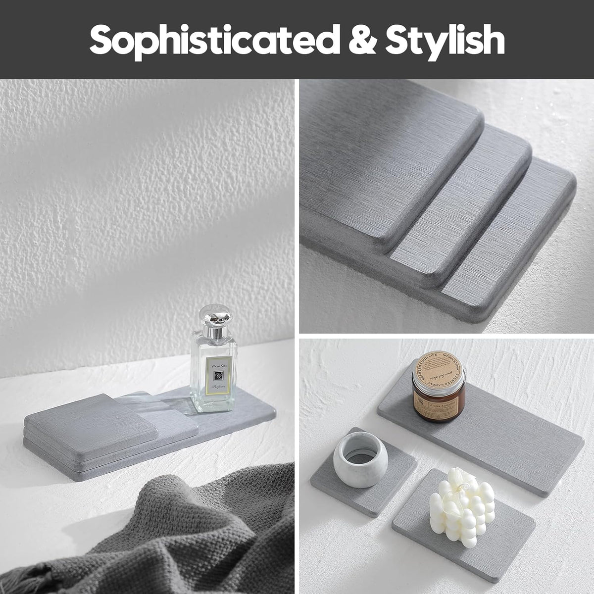 3PCS Bathroom Sink Vanity Trays, Quick Stone Drying Mat Dish Soap Dispenser Sponge Holder for
