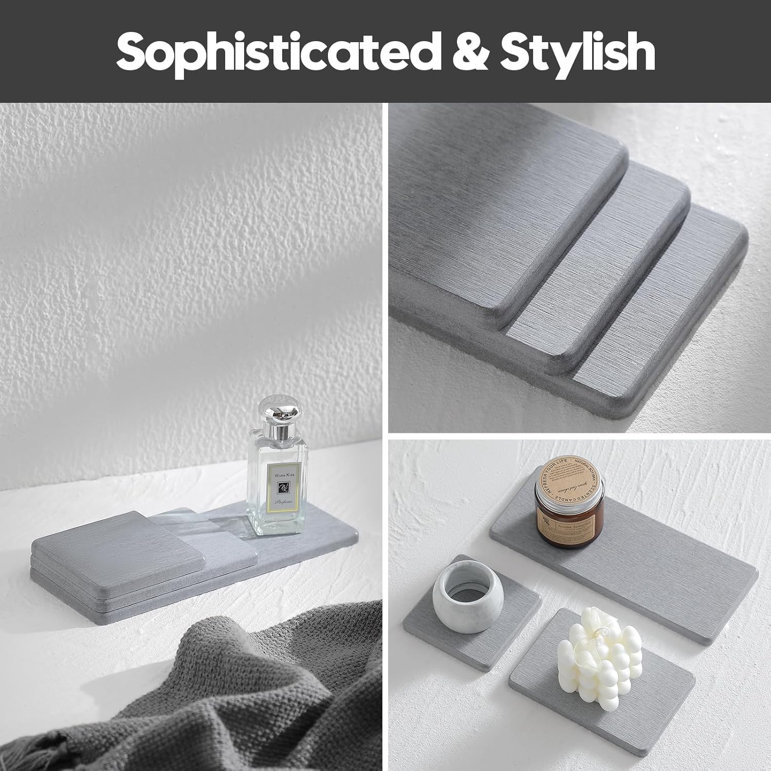 3PCS Bathroom Sink Vanity Trays, Quick Stone Drying Mat Dish Soap Dispenser Sponge Holder for