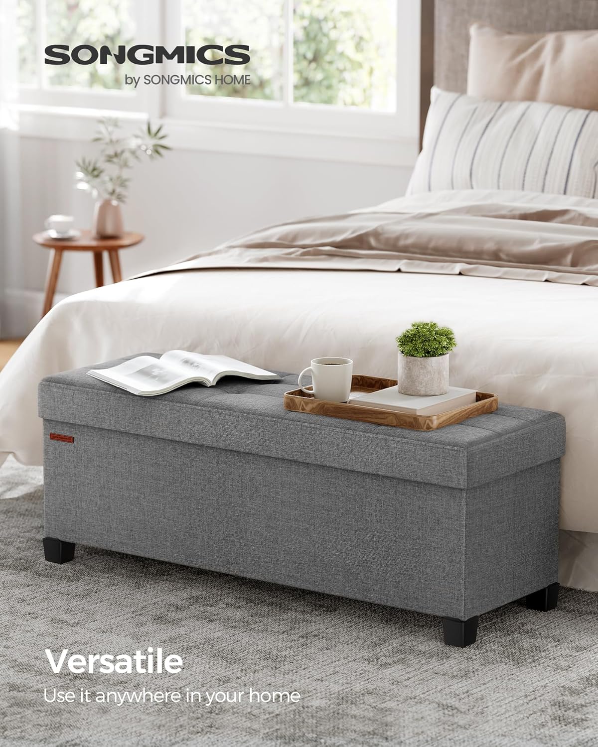 SONGMICS Storage Ottoman Bench, Foldable Foot Rest with Legs, 15 x 43 x 15.7 Inches, End of Bed