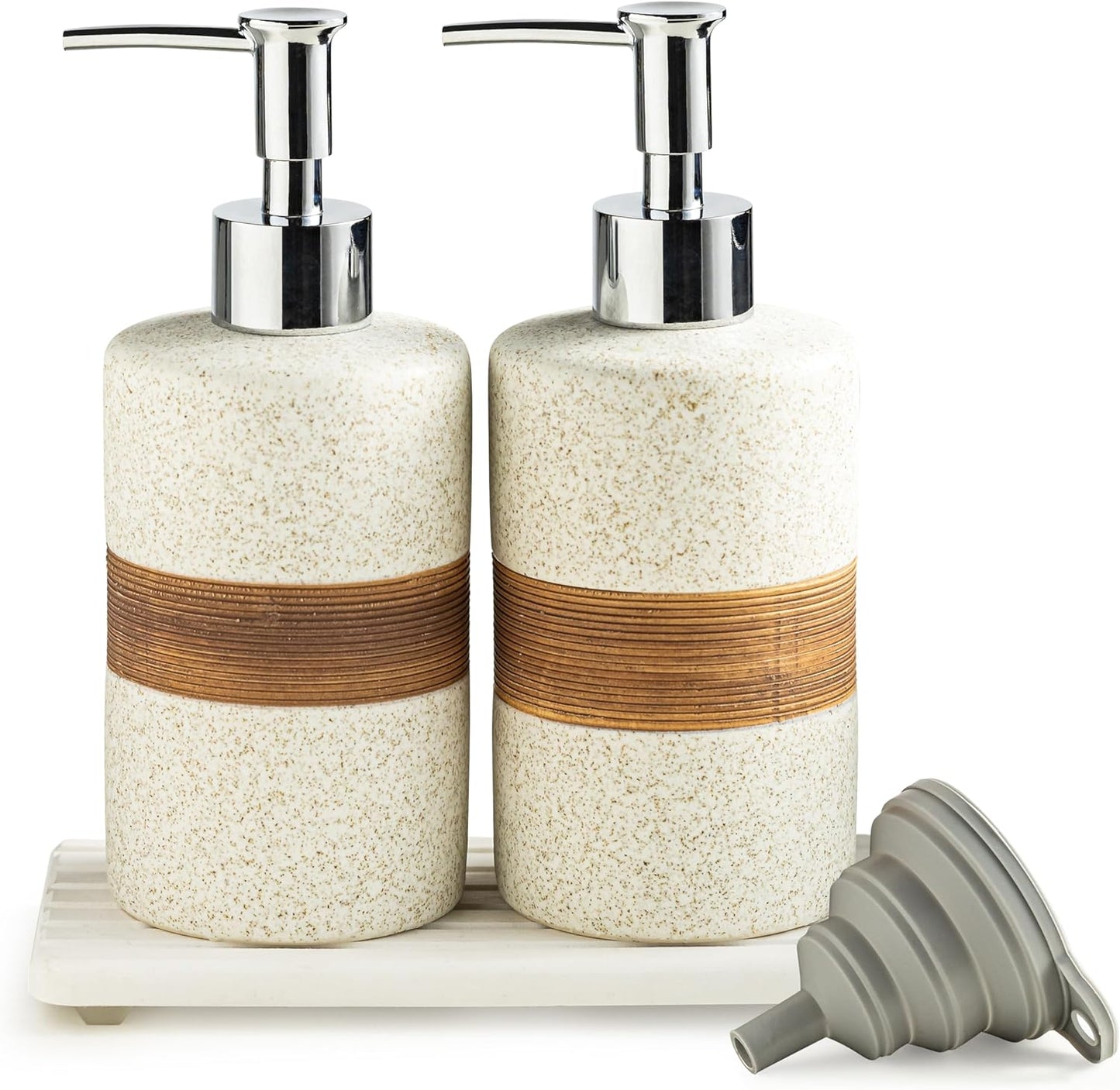 2-Pack Ceramic Soap Dispensers Set, Includes Stainless Steel Pump, Silicone Funnel and Diatomaceous