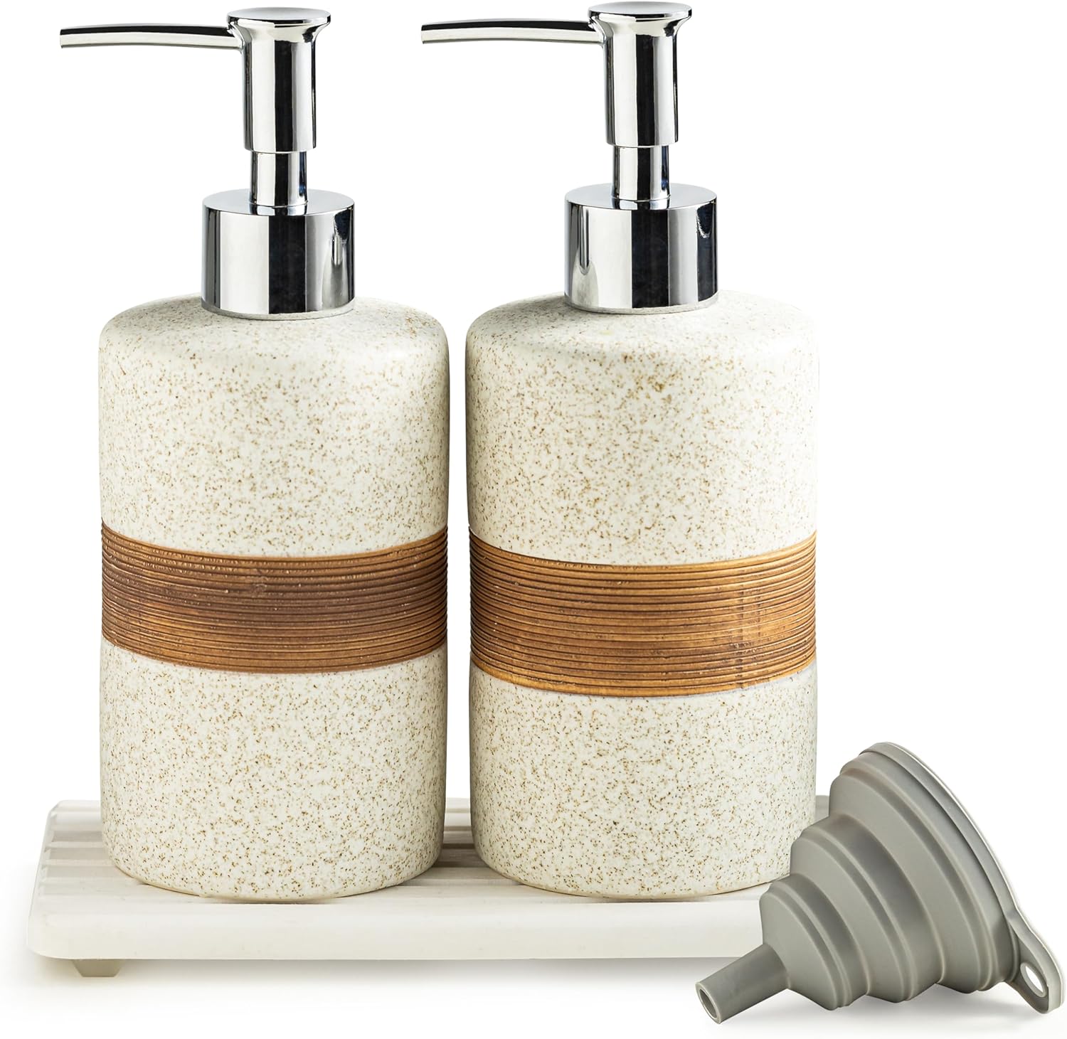 2-Pack Ceramic Soap Dispensers Set, Includes Stainless Steel Pump, Silicone Funnel and Diatomaceous
