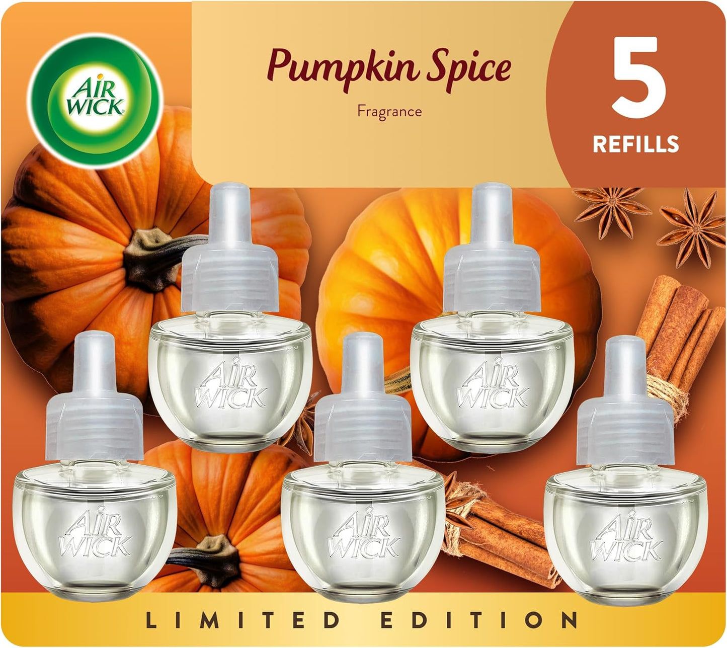 Air Wick Plug in Scented Oil Refill, 5 ct, Pumpkin Spice, Air Freshener, Essential Oils, Fall