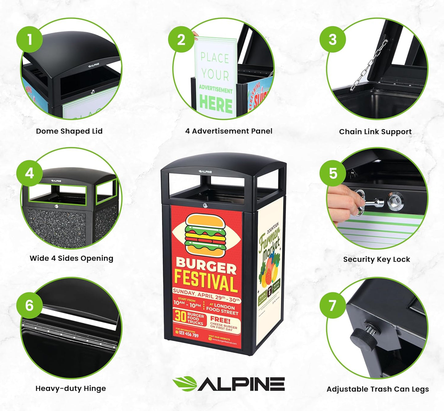 Alpine Outdoor Commercial Trash Can with Lid - 40 Gallon Heavy Duty Metal Garbage Can with