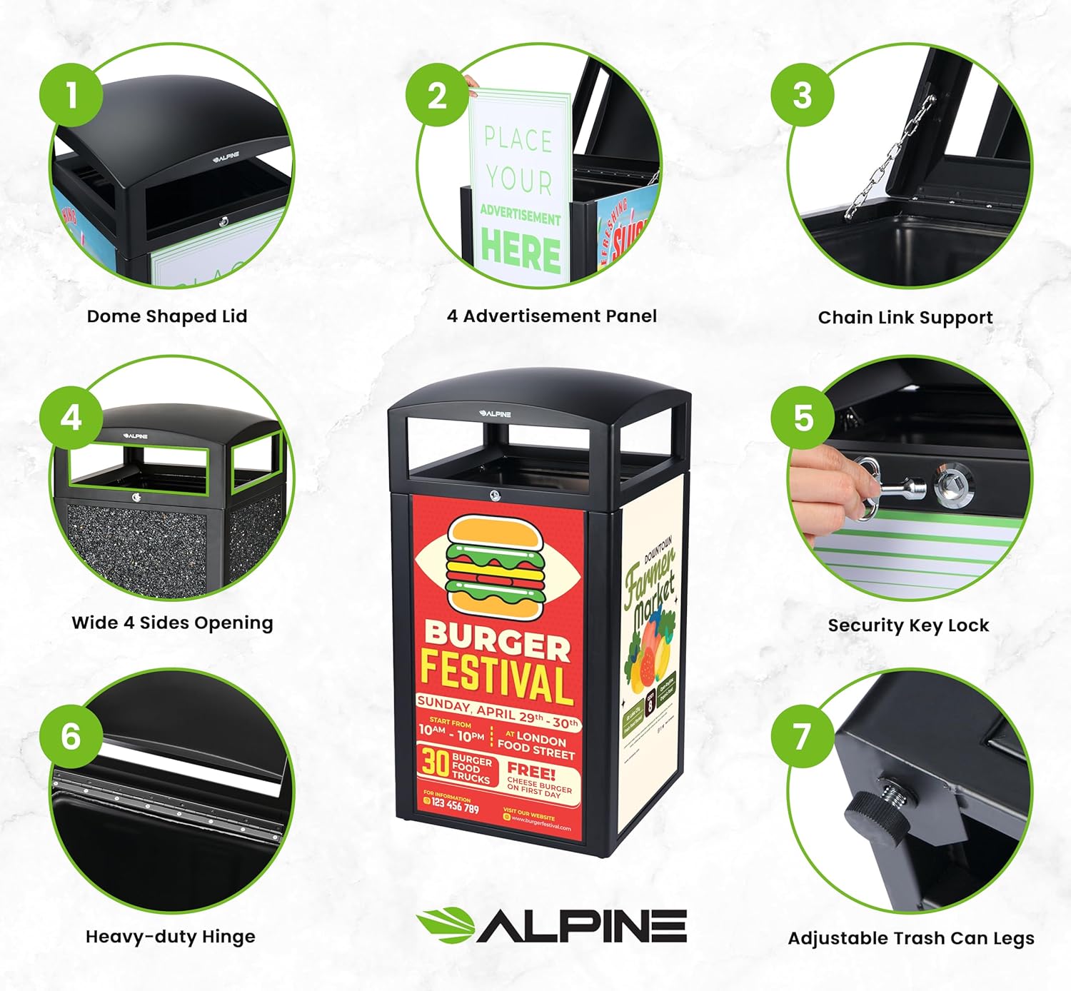 Alpine Outdoor Commercial Trash Can with Lid - 40 Gallon Heavy Duty Metal Garbage Can with