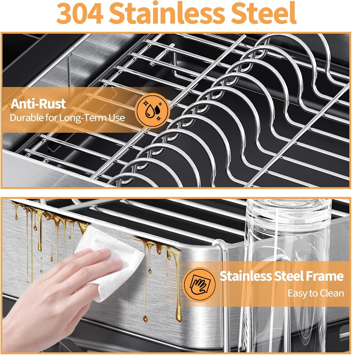 Expandable Dish Drying Rack for Kitchen Counter, 304 Stainless Steel Dish Rack, Multi-Function Dish