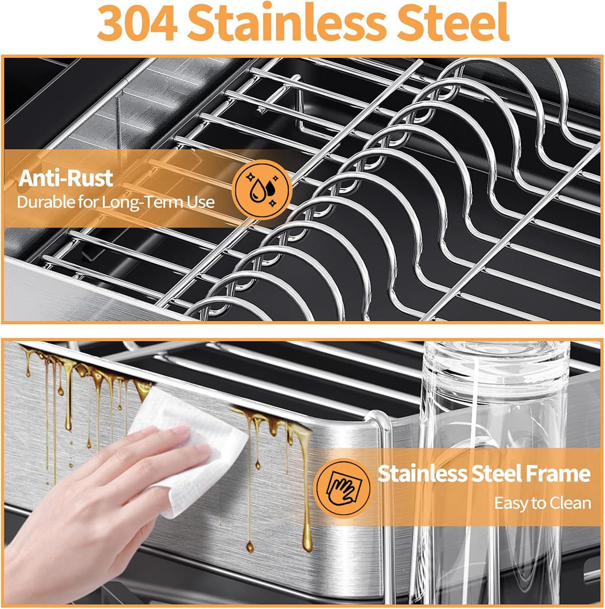 Expandable Dish Drying Rack for Kitchen Counter, 304 Stainless Steel Dish Rack, Multi-Function Dish