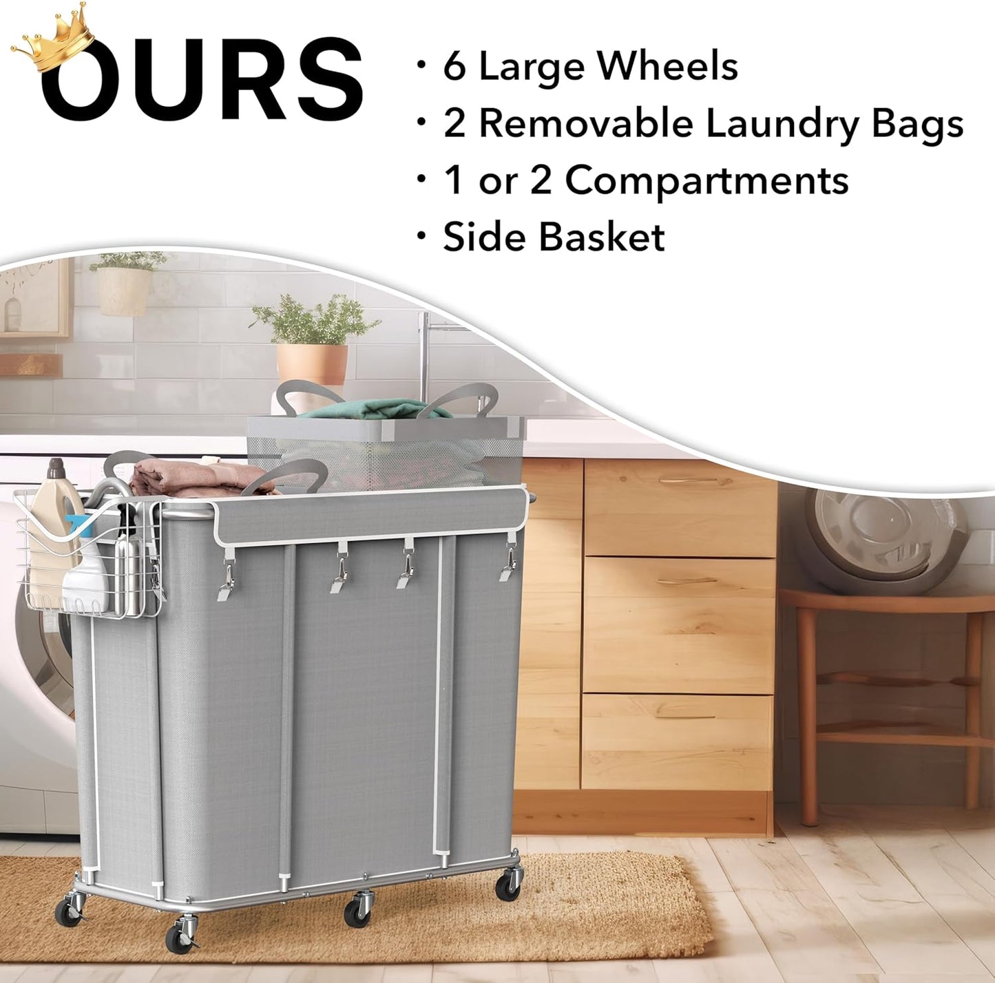 Simple Houseware Extra Large Rolling Laundry Cart – Heavy Duty Hamper with 2 Removable Bags & 6