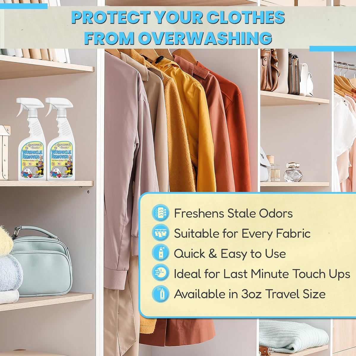 Grandma's Secret Wrinkle Remover Spray - Easily Removes Wrinkles & Odors - Wrinkle Release, Fabric