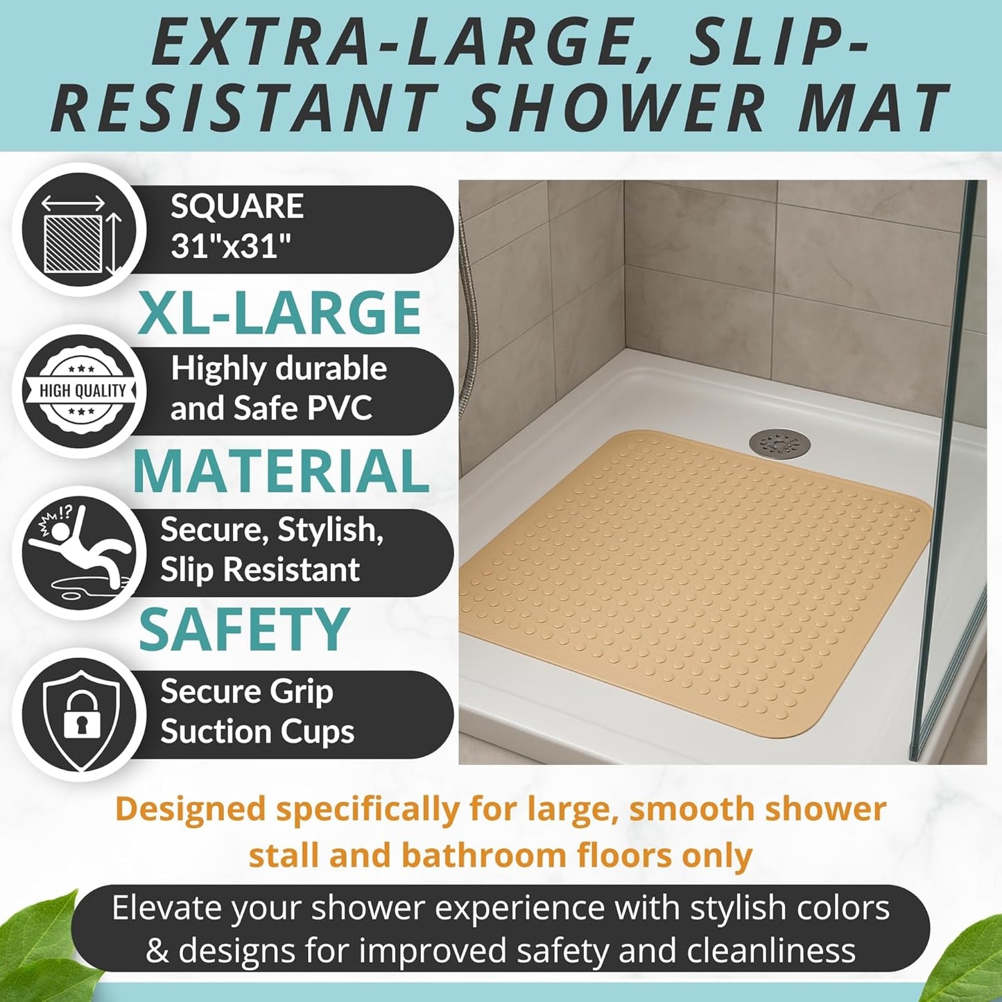 ENKOSI Extra Large Square Non Slip Shower Mat - 31 x 31-inch XL Bathroom Shower Mat - Square Shower