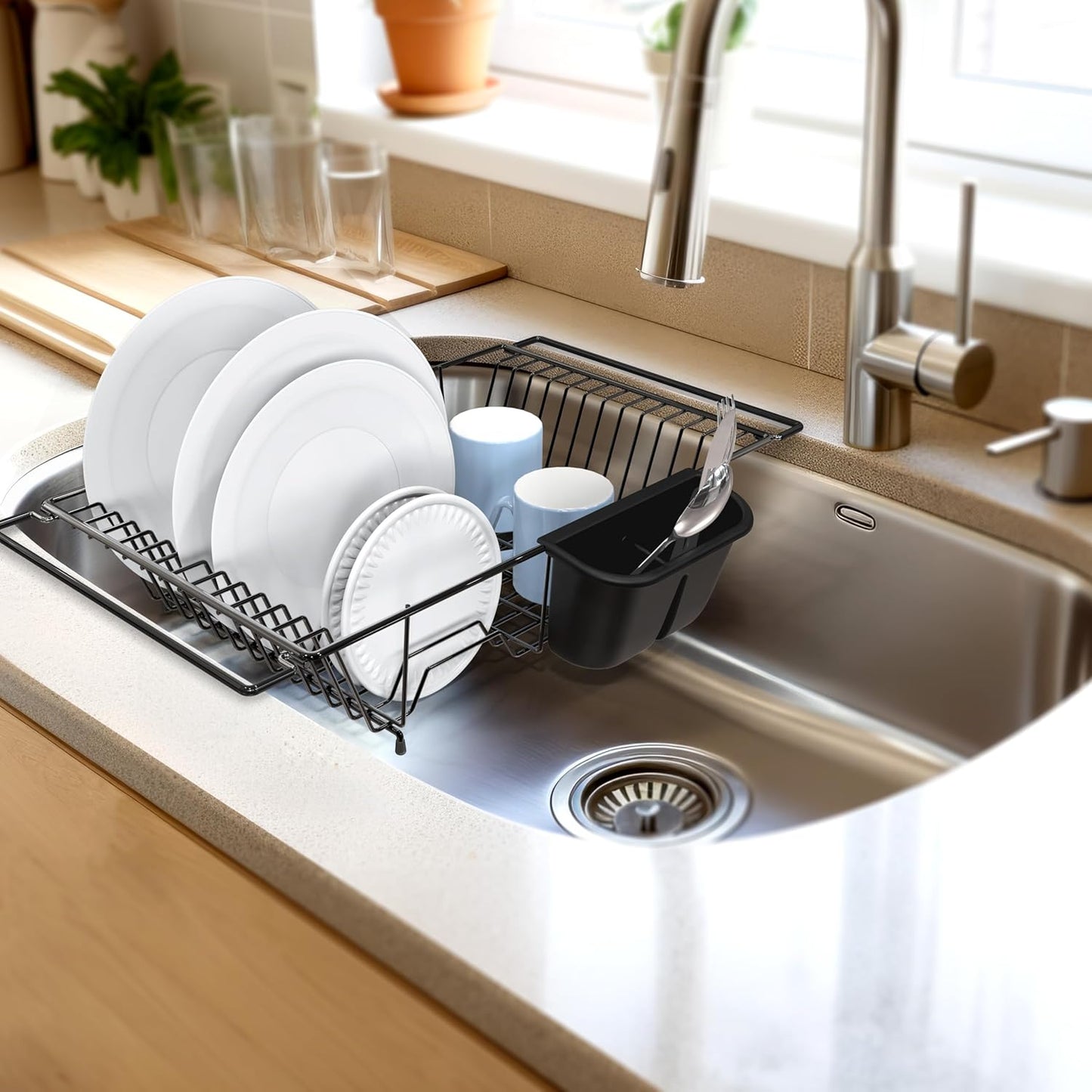 SIMPLE HOUSEWARE Large Over Sink Counter Top Stainless Steel Dish Drainer Drying Rack with Utensil