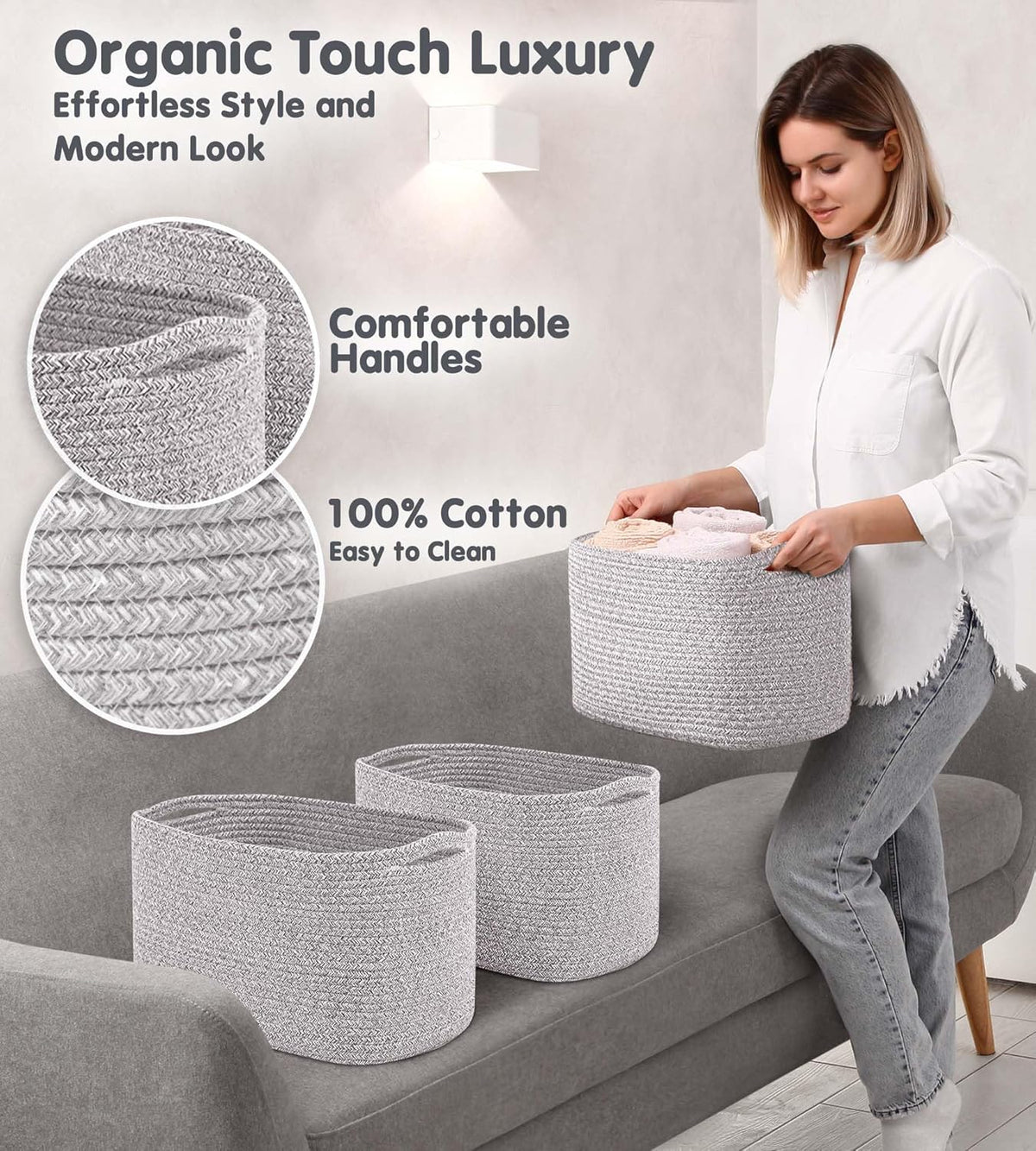 CHAT BLANC Cotton Rope Baskets for Organizing | Storage Baskets for Shelves | Rope Basket for