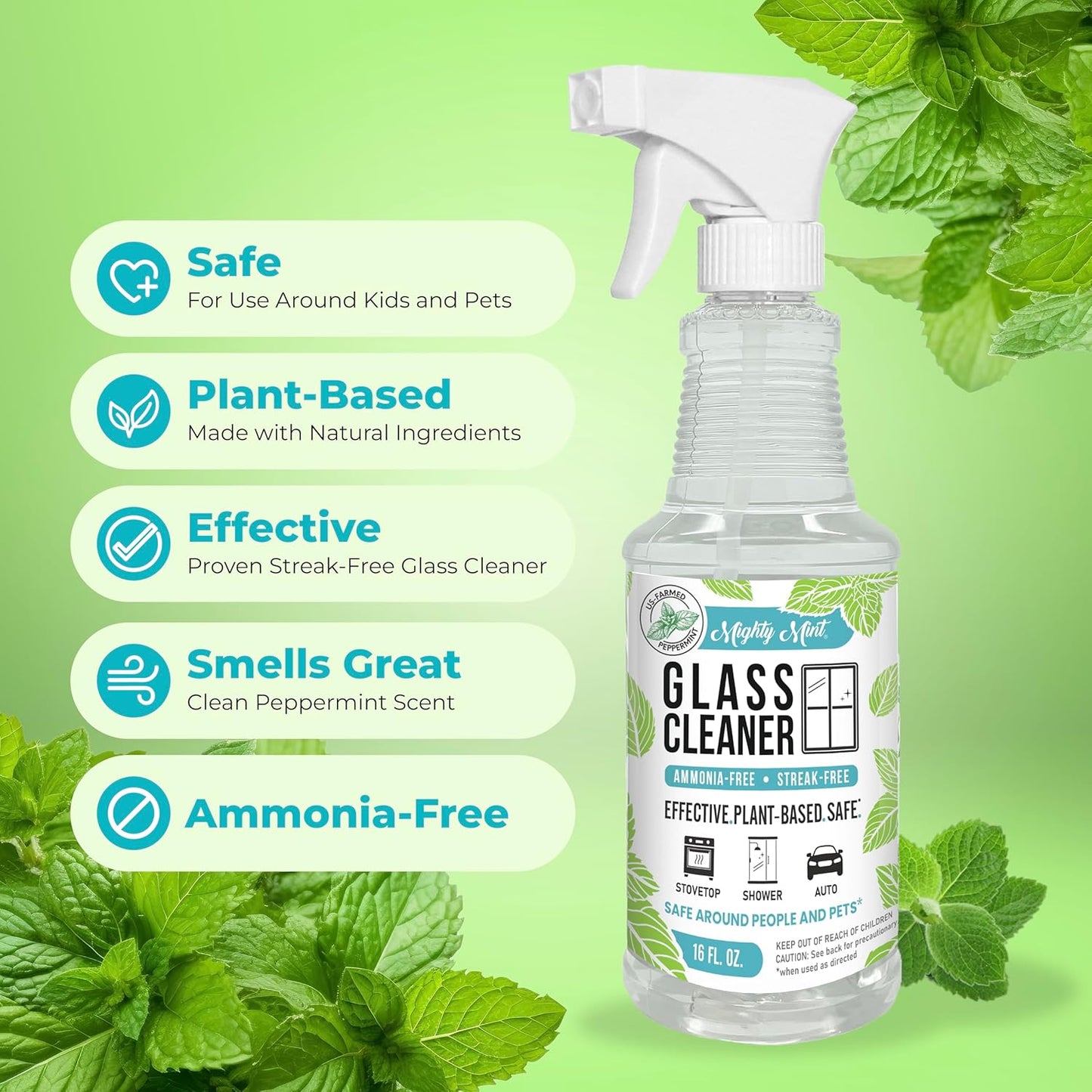 Mighty Mint Glass Cleaner, Ammonia-Free, Streak-Free Spray for Windows, Screens, Stovetop