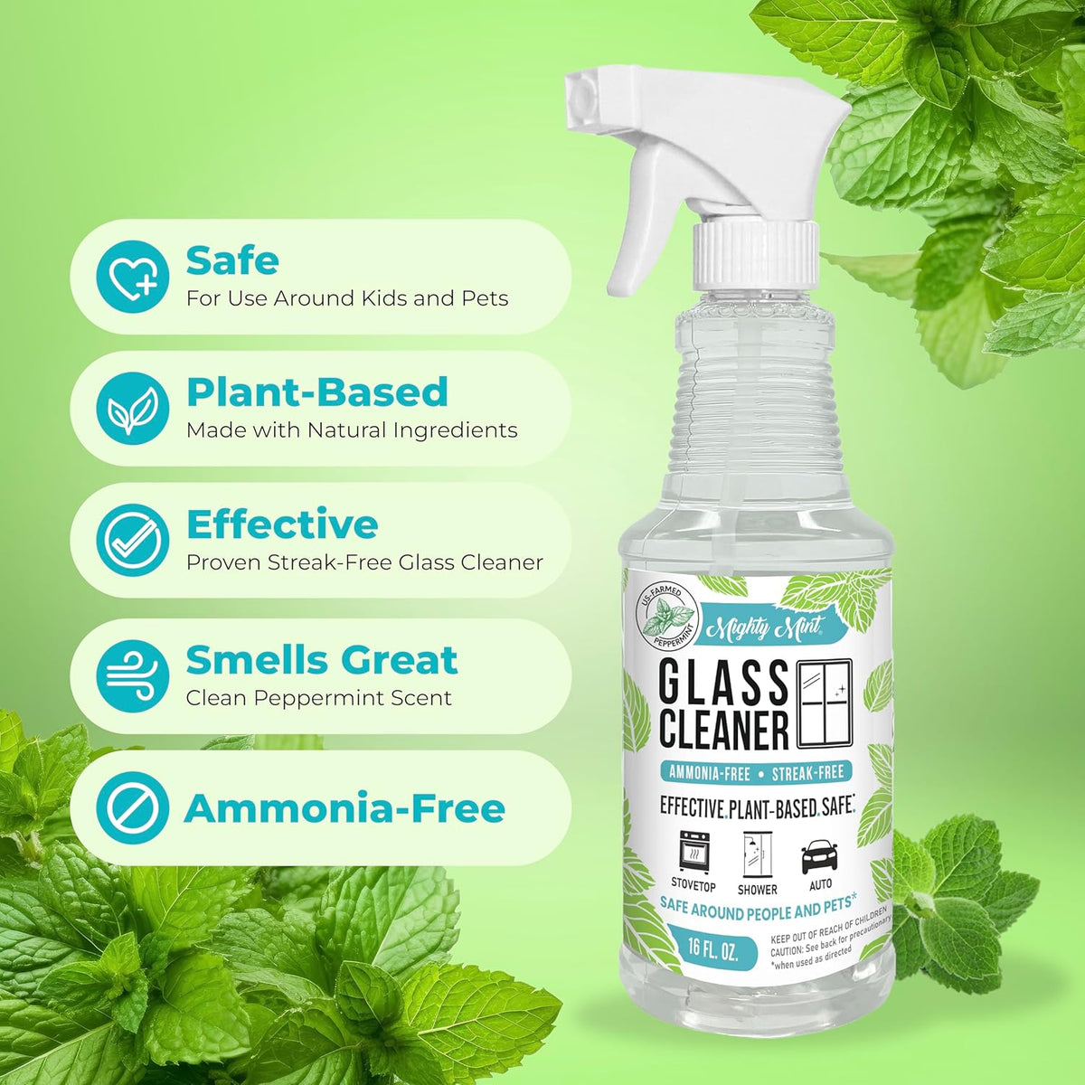 Mighty Mint Glass Cleaner, Ammonia-Free, Streak-Free Spray for Windows, Screens, Stovetop