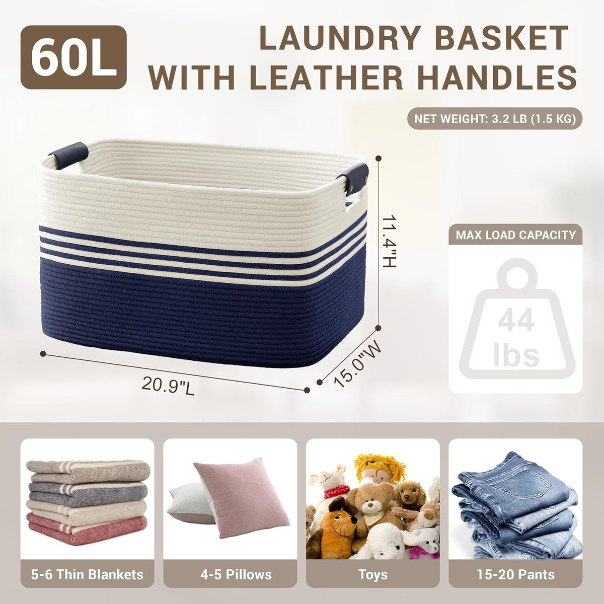 60L Large Laundry Basket with Leather Handles for Living Room Storage, Woven Rope Baskets Bin for