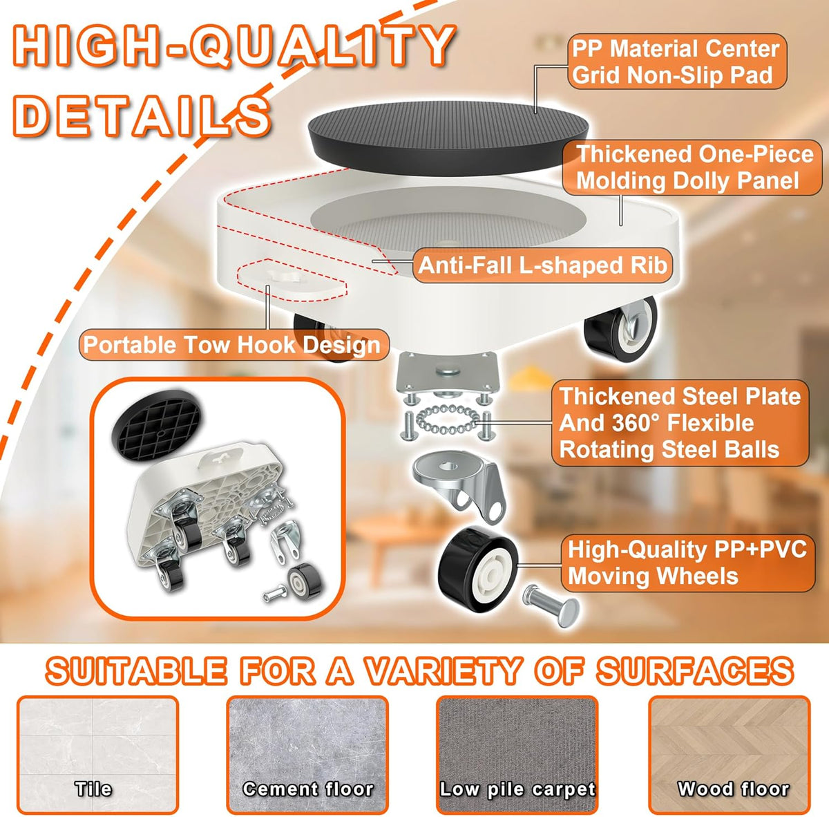 MUEA Furniture Dolly,Heavy-Duty Furniture Movers with Removable Center Pad,Non-Slip L-Edge & TPR