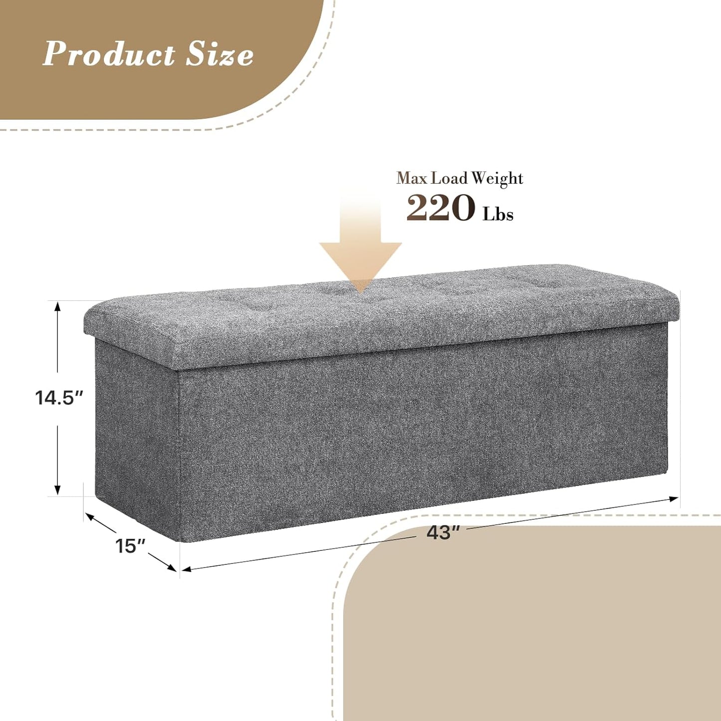 Athena Collection 43" Storage Ottoman Bench Folding Bench with 130L Hidden Storage, Large End of