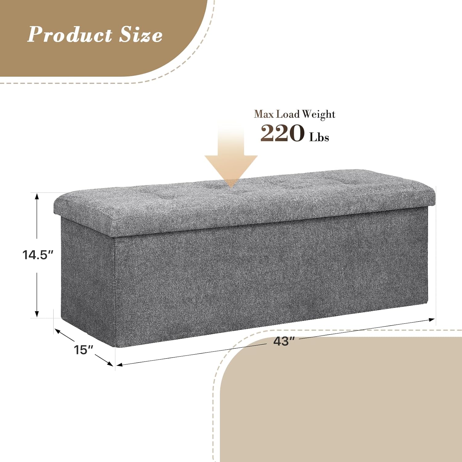 Athena Collection 43" Storage Ottoman Bench Folding Bench with 130L Hidden Storage, Large End of