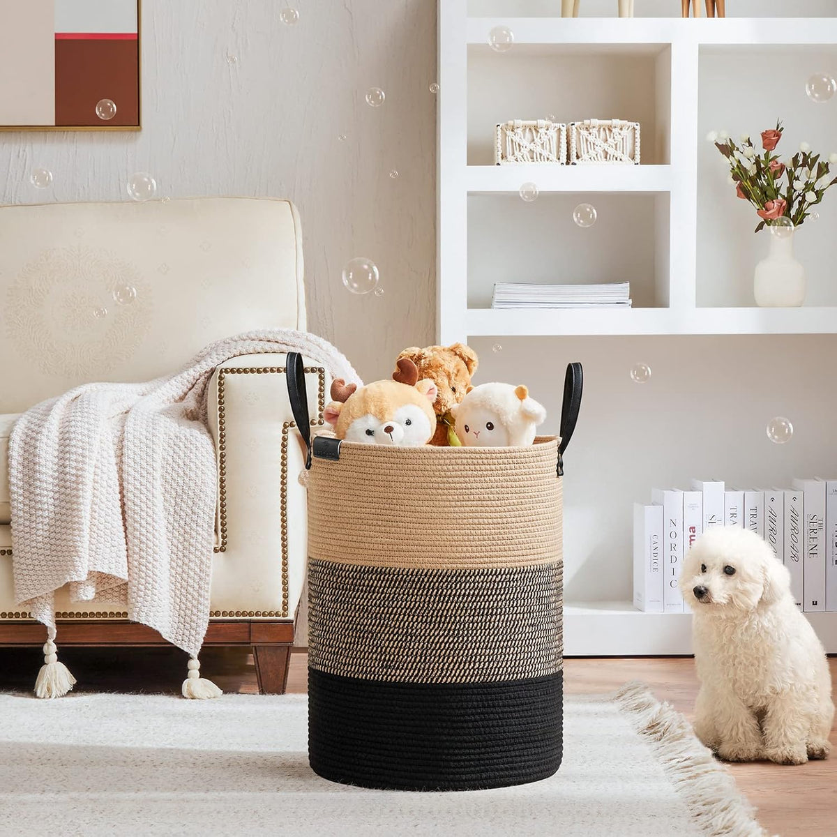 VIPOSCO Tall Laundry Basket, Large Dirty Clothes Hamper with Leather Handle, Woven Rope Storage