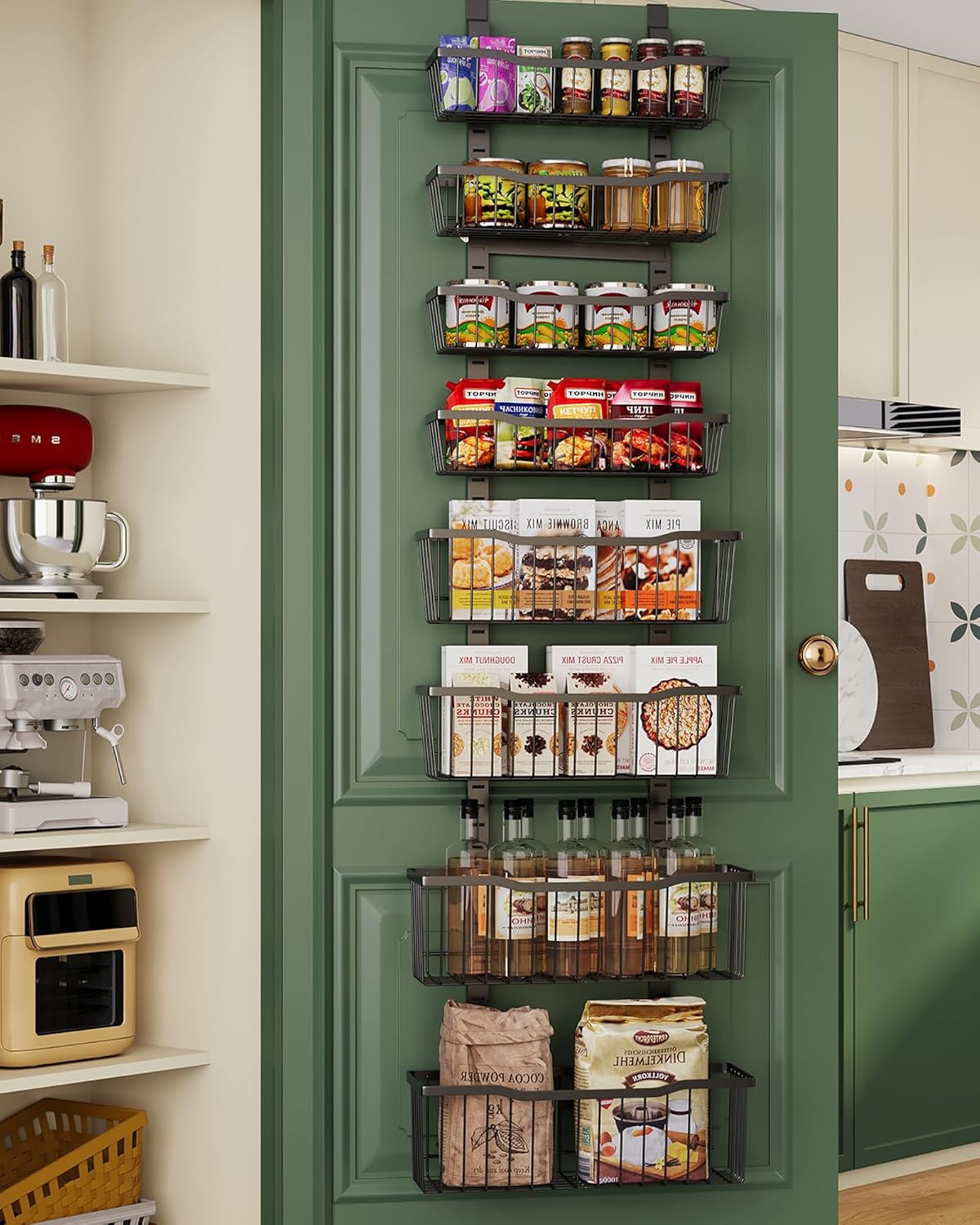 Over The Door Organizer，8-Tier Over The Door Pantry Organizer with Adjustable Baskets，Metal Hanging
