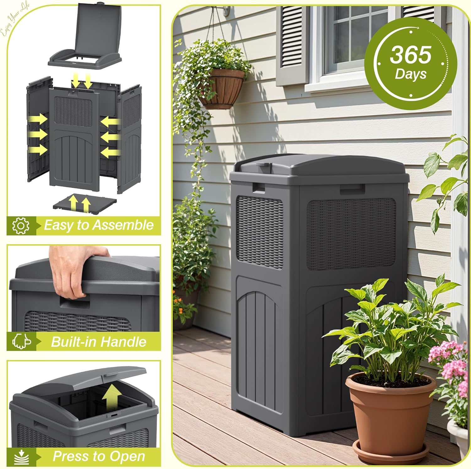 Greesum 33 Gallon Outdoor Trash Can with Lid (2-Pack), Heavy Duty Resin Garbage Bin, Waterproof &
