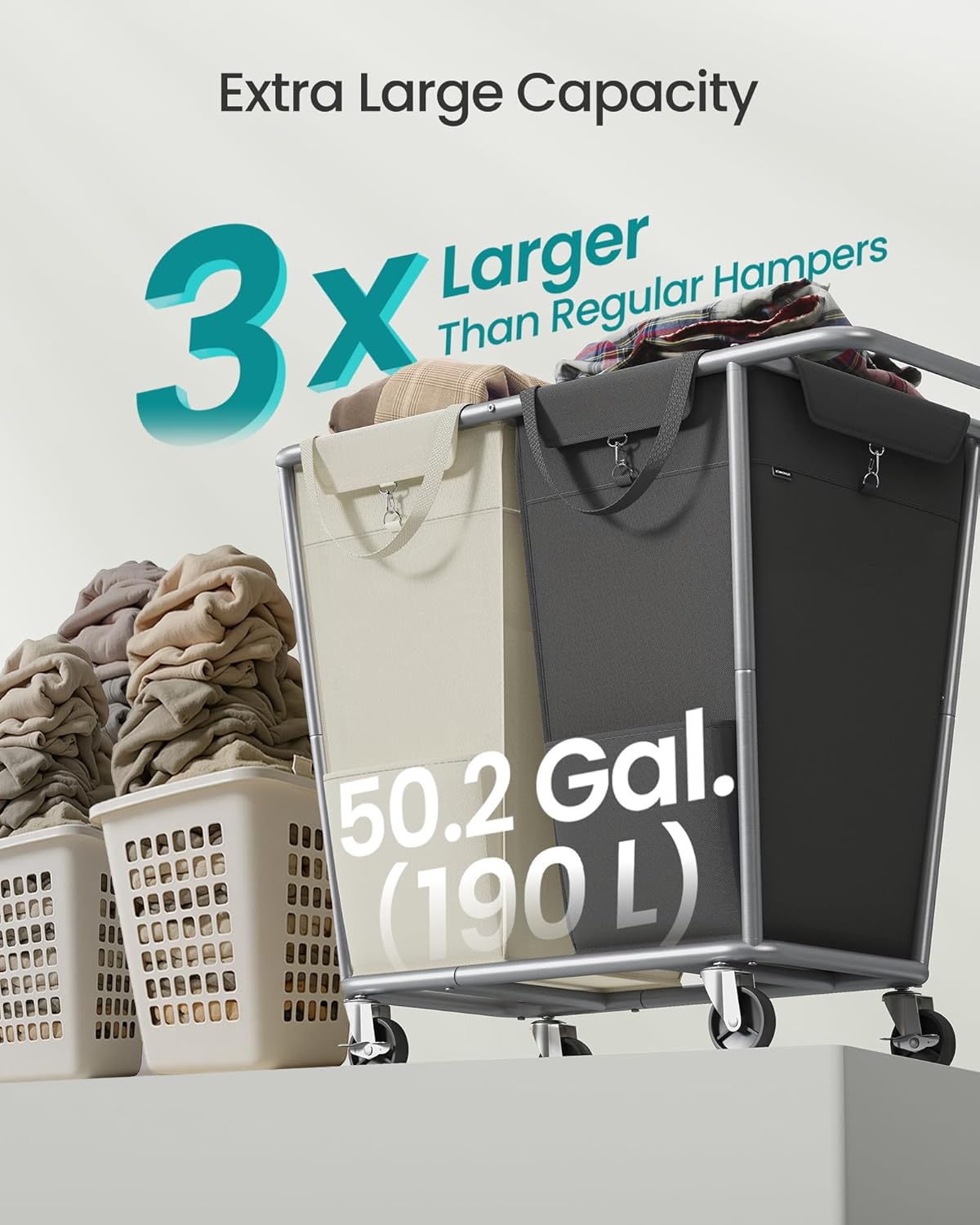 SONGMICS Laundry Basket with Wheels, 50.2 Gallons (190 L), 2-Section Rolling Laundry Hamper with